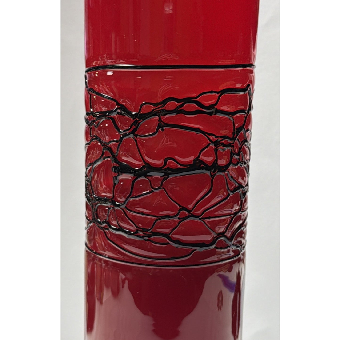MCM Red Cased White Cylinder Vase Abstract Black Threaded Strapping Large