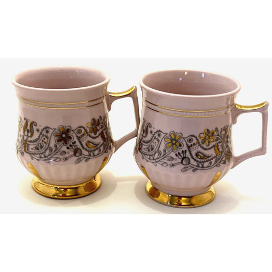 Antique Lot Of 2 H&C Rosa Pink Czech Porcelain Love Birds Gold Mugs Tea Cups