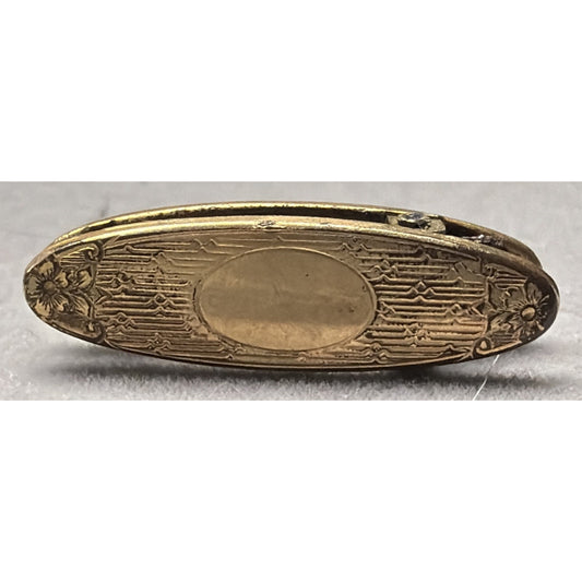 Edwardian Victorian Oval Yellow Gold Tone Embossed Tie Bar Clip Lingerie Clasp