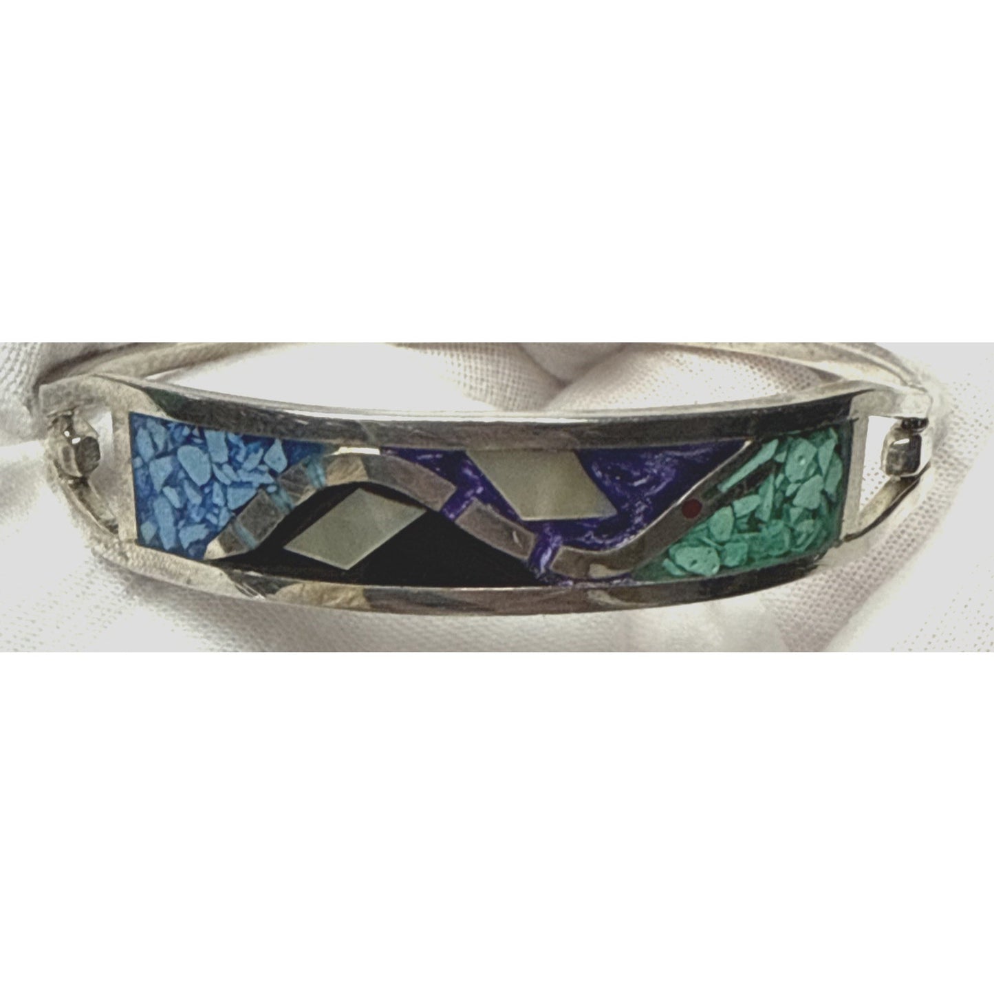 Mexico Sterling Silver Inlaid Hinge Bracelet Snake MOP Onyx Lapis Turquoise Chip