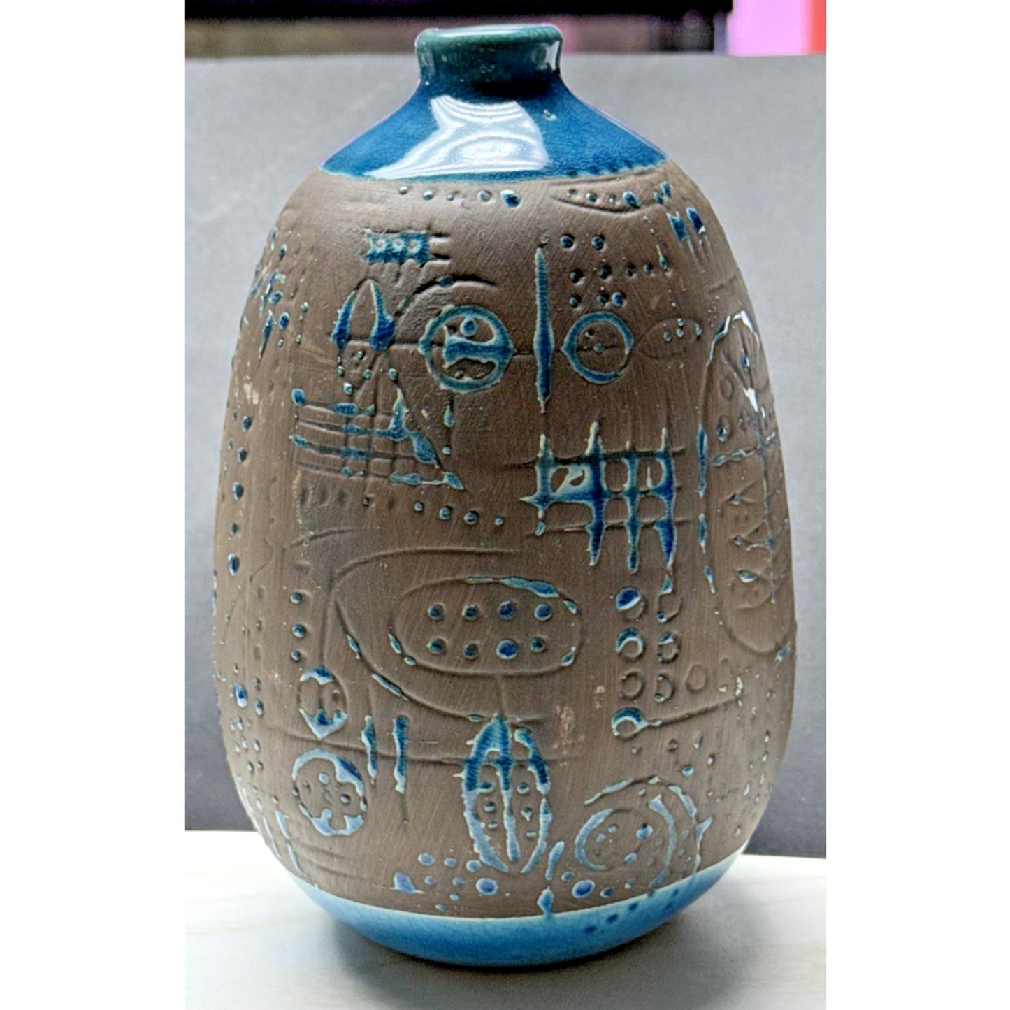 Contemporary Ashluxe Handmade Ceramic Table Vase Script Blue Brown Crackle As Is