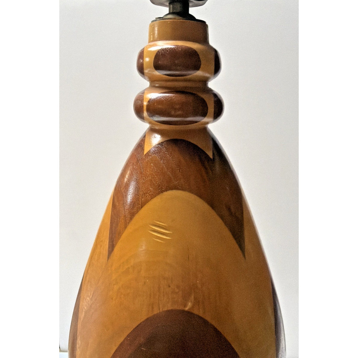 MCM Large Inlaid Wood Hand Turned Table Lamp Marquetry Parquetry No Shade