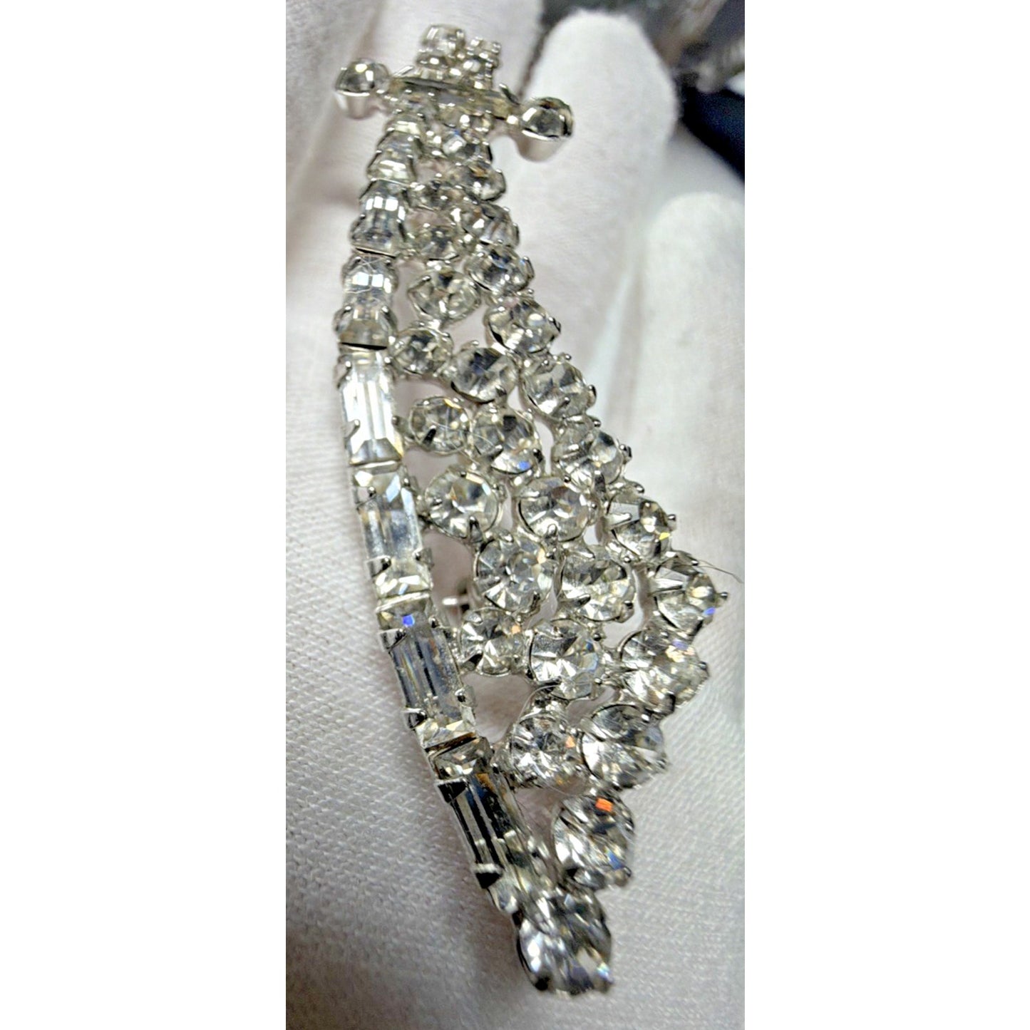 Vintage Sword Pin Brooch Dagger Crystal Rhinestones Baguette Silver