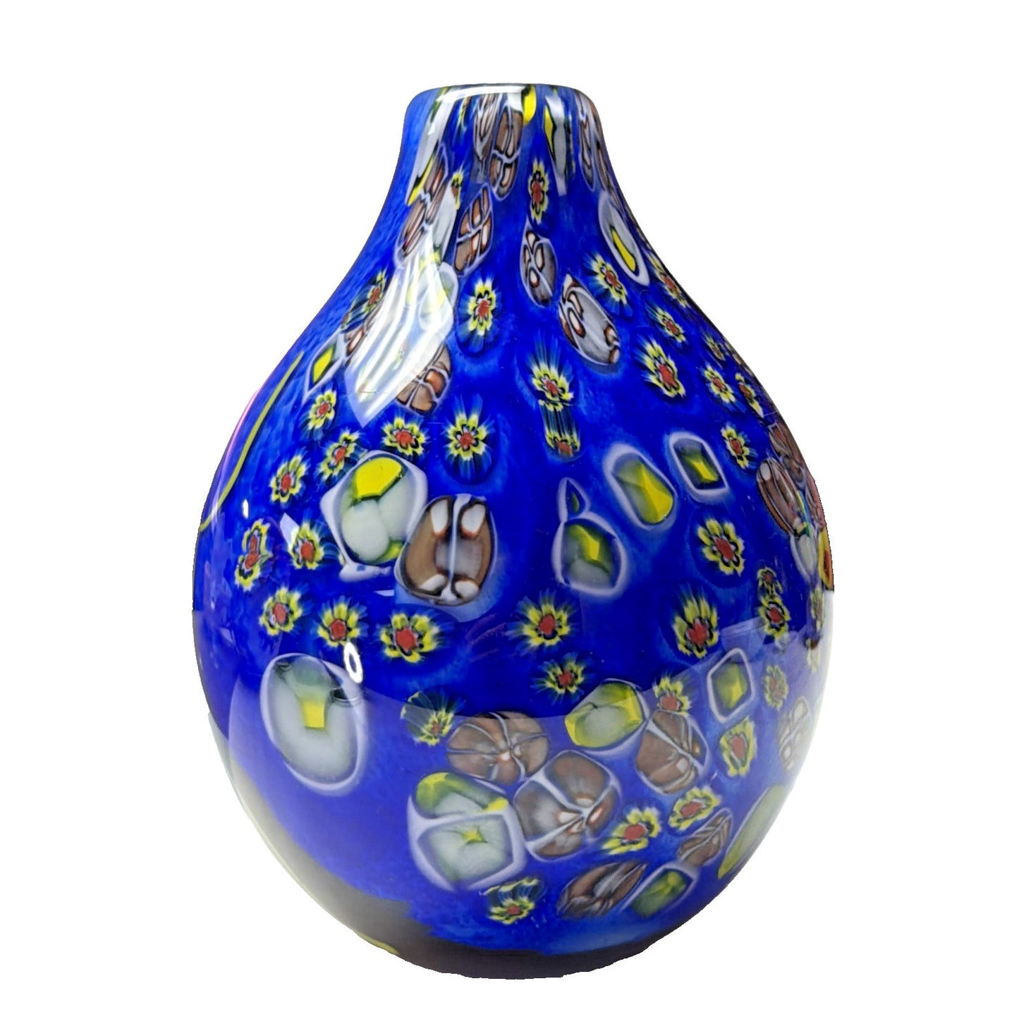 Abstract Cased Art Glass Vase Millefiori Murrine Vase Cobalt Red Yellow Heavy
