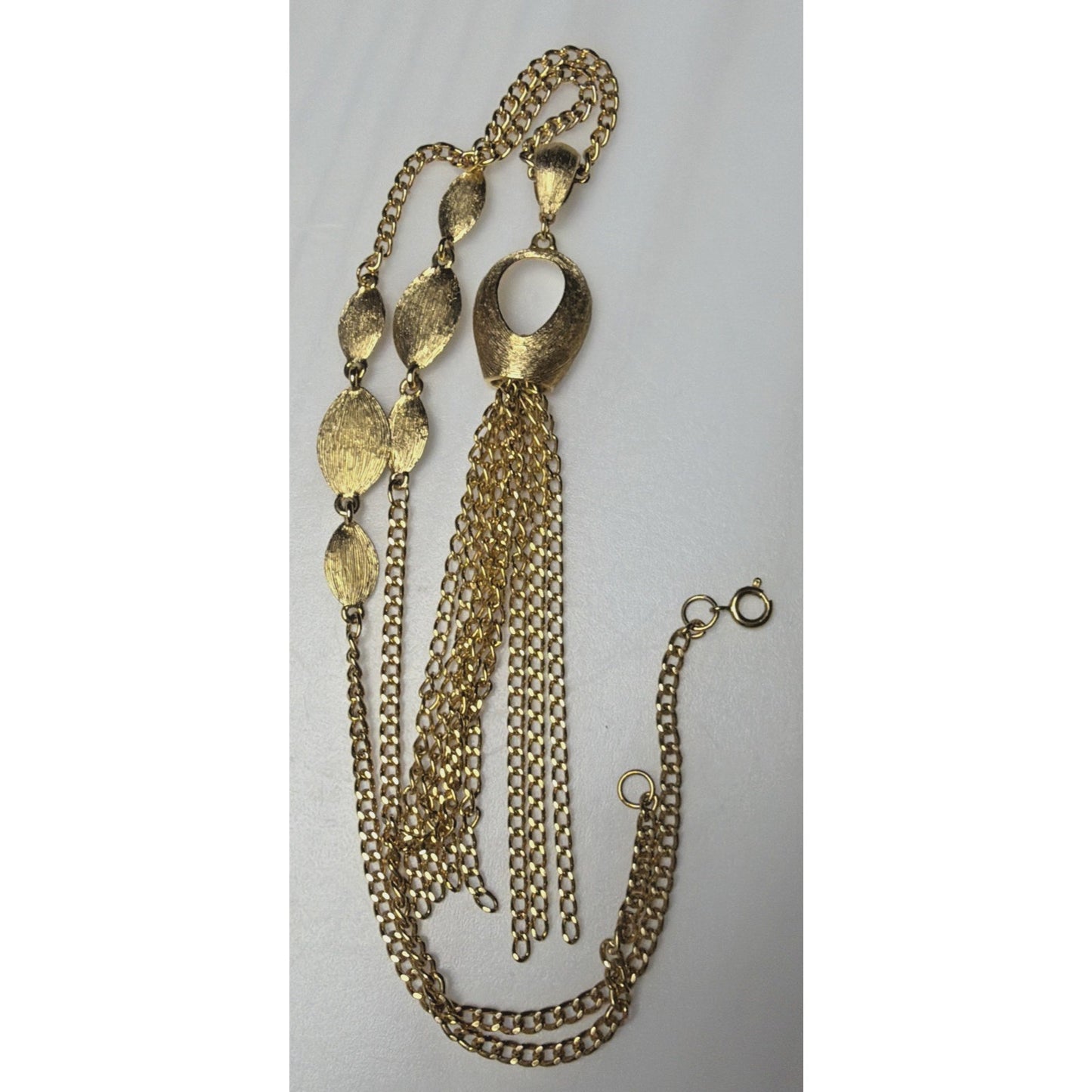 Vintage Gold Tone Brushed Leaf Waterfall Pendant Tassel Necklace