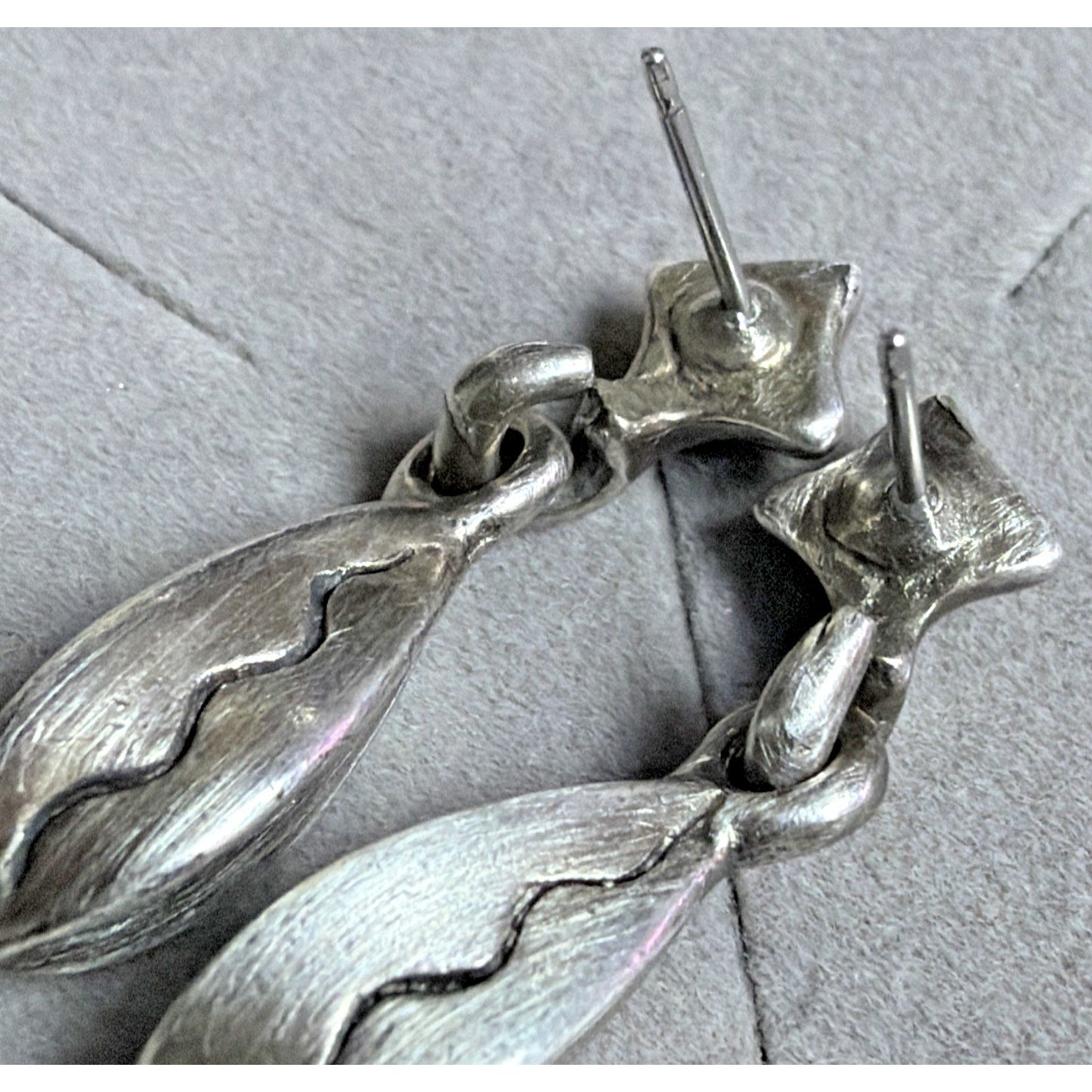 Modernist Silver Geometric Abstract Dangle Earrings Bean Fishbone Seed Pod As Is