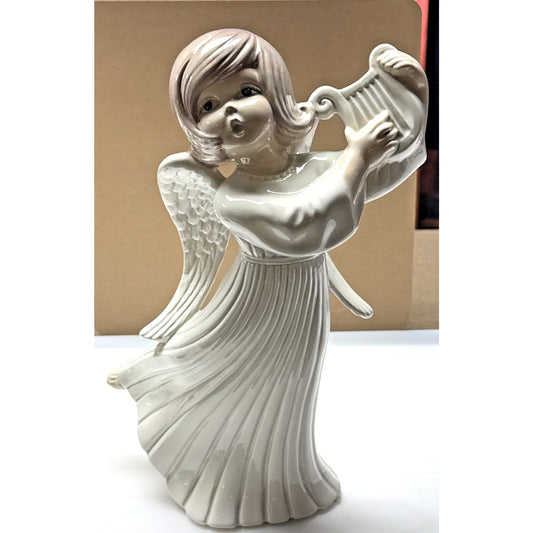 Vintage Atlantic Mold Ceramic Angel Playing Harp Hand Painted Glazed Large As Is