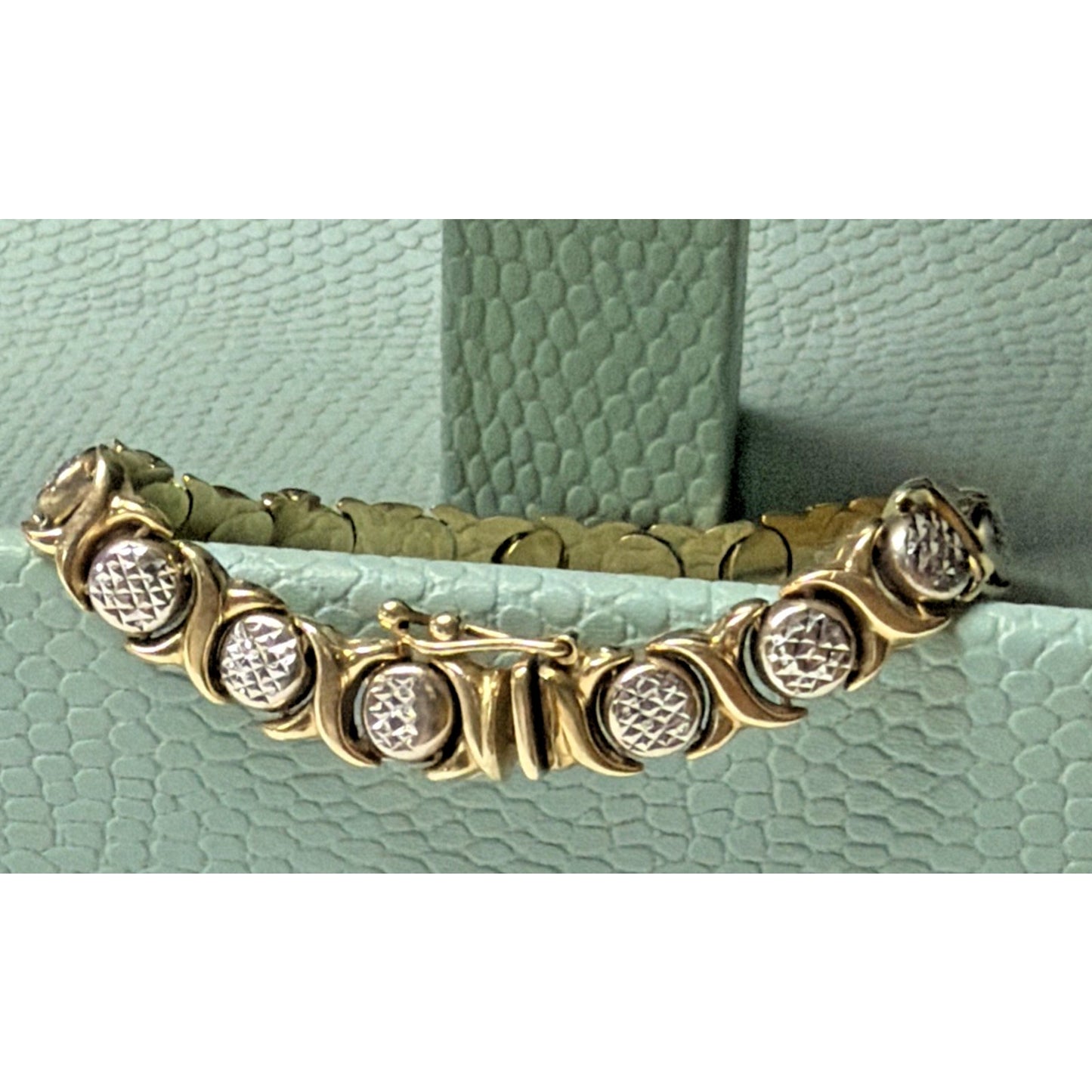 14k Yellow White Gold Diamond Cut XO Link Bracelet Stampato Turkey 9.92 grams