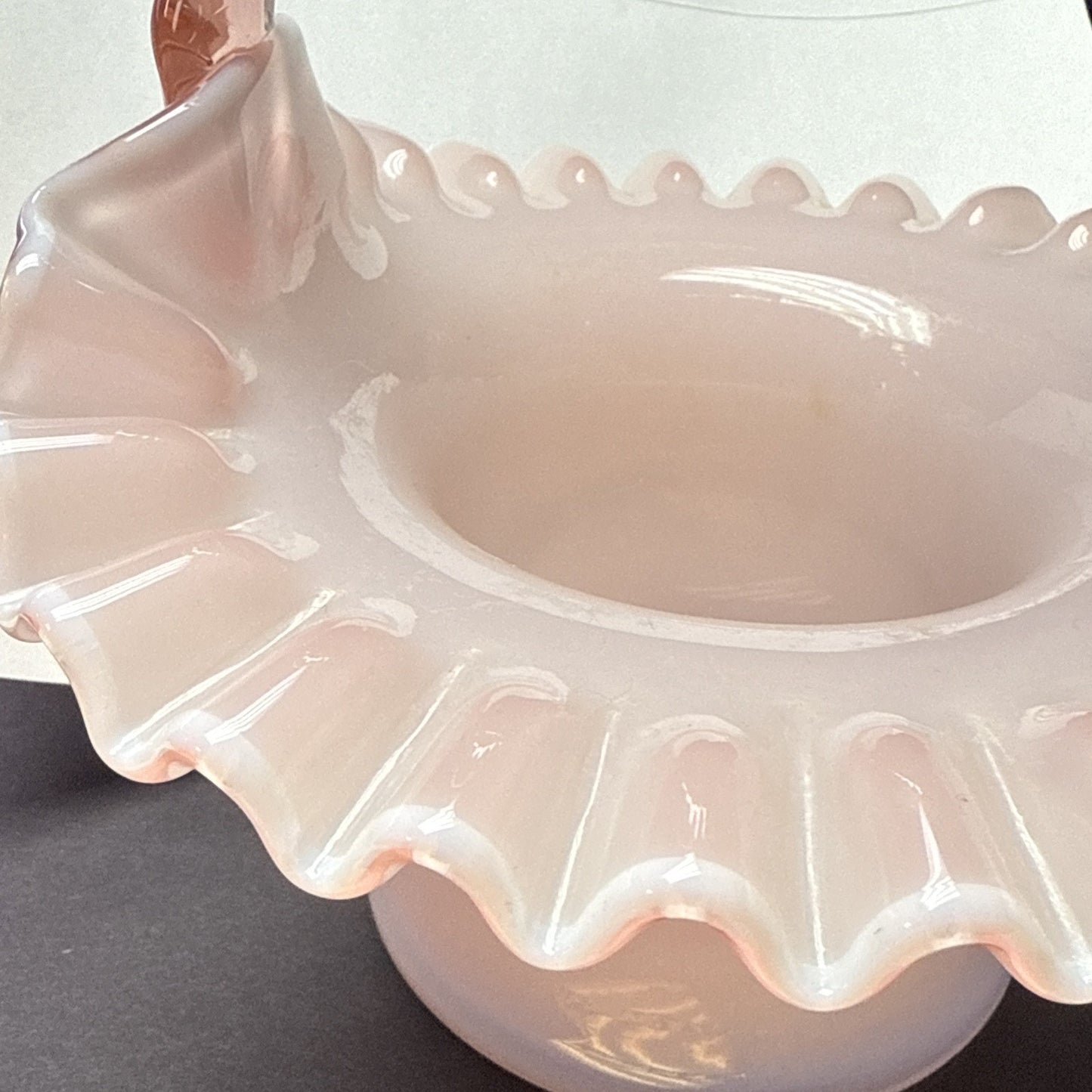 Vtg Fenton Glass Pink Overlay Basket Crimped Bamboo Handle Ruffle Edge As-Is