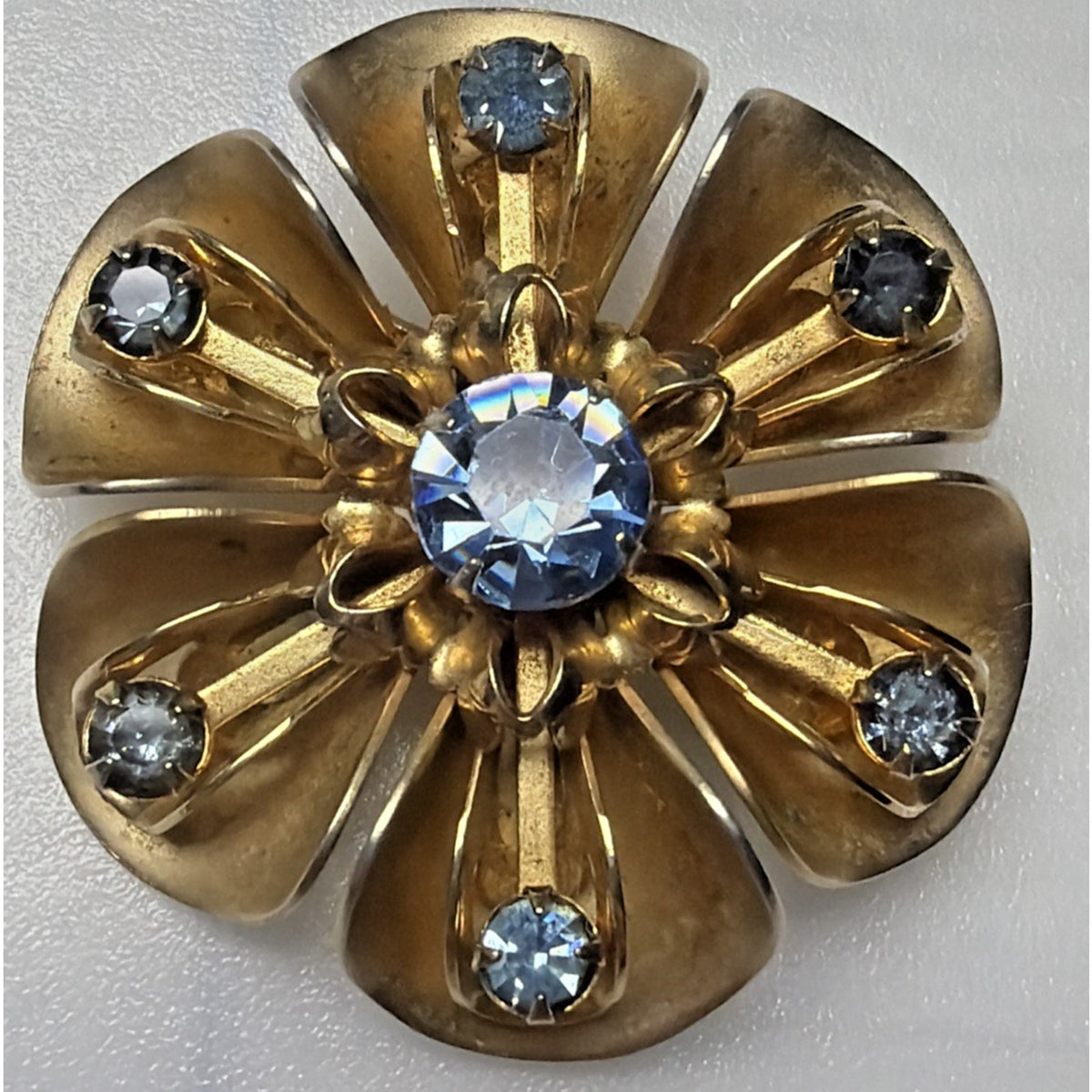Vintage Gold Tone Blue Rhinestone Flower Blossom Brooch Ornate