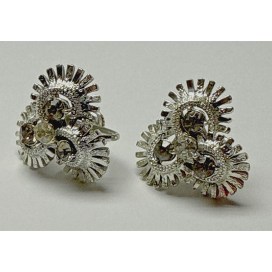 Vtg Coro Earrings Clip On Atomic Sunburst Rhinestone Flower Silver Tone As Is