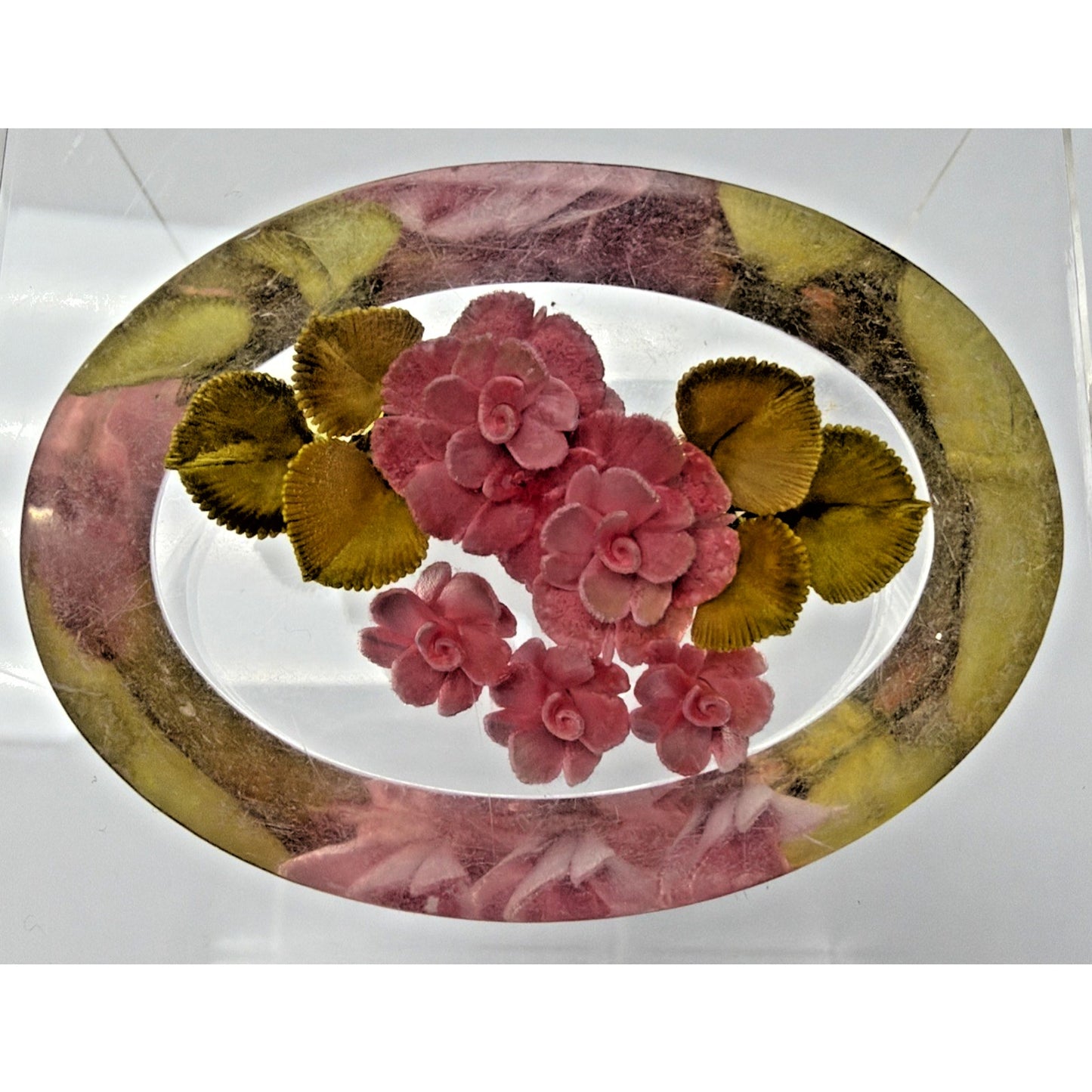 Vintage Clear Lucite Pin Brooch Rose Flower Bud Floral Pink Green Leaves