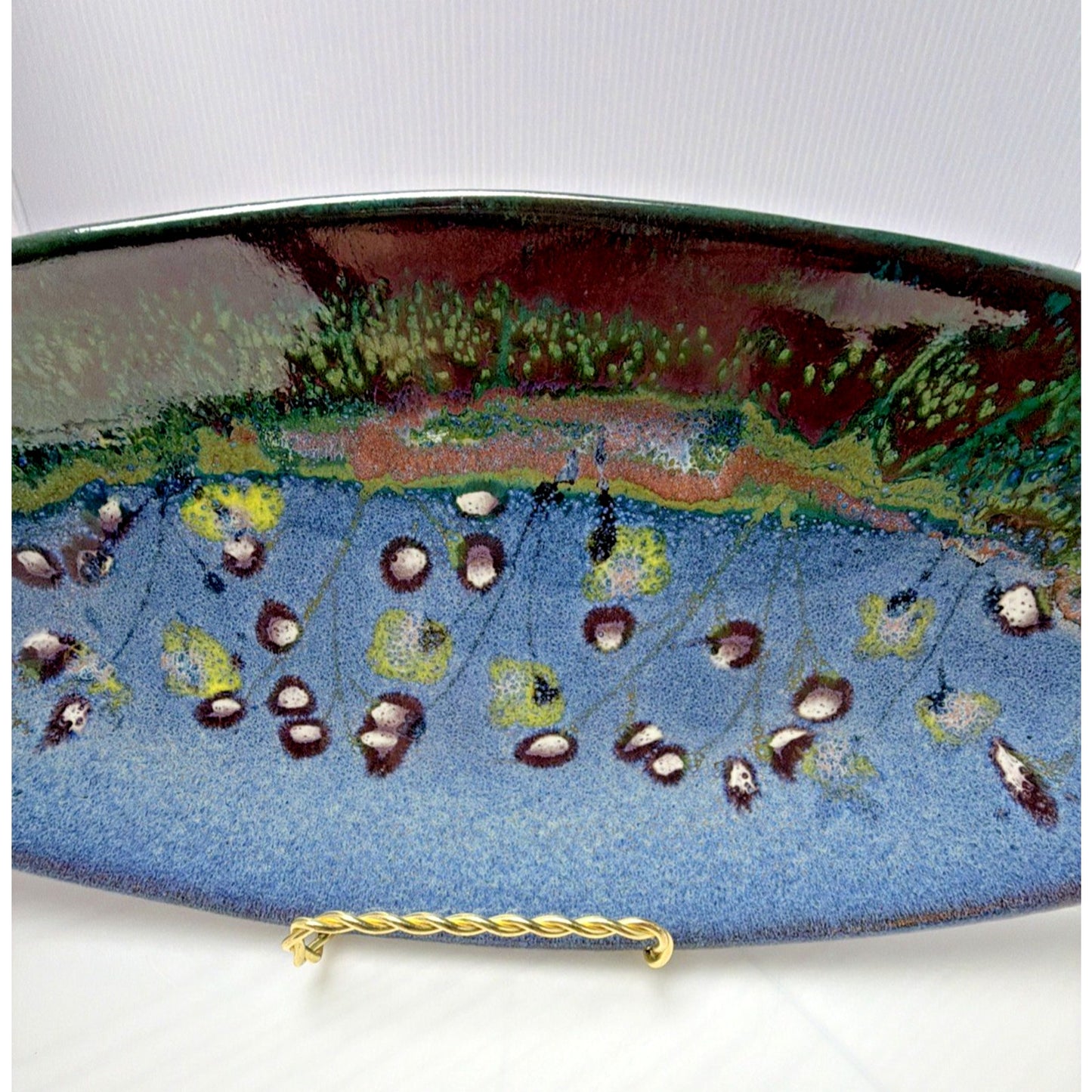 Phil Morgan Art Pottery Long Oval Platter Glazed Hand Painted Flowers Stems