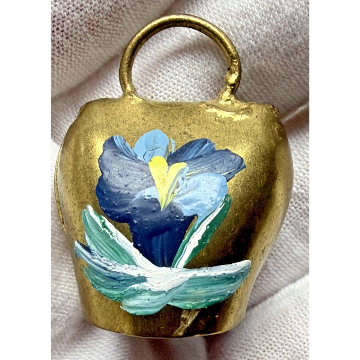 Vintage Gold Metal Brass Cow Bell Hand Painted Flower Blue Floral Liechtenstein