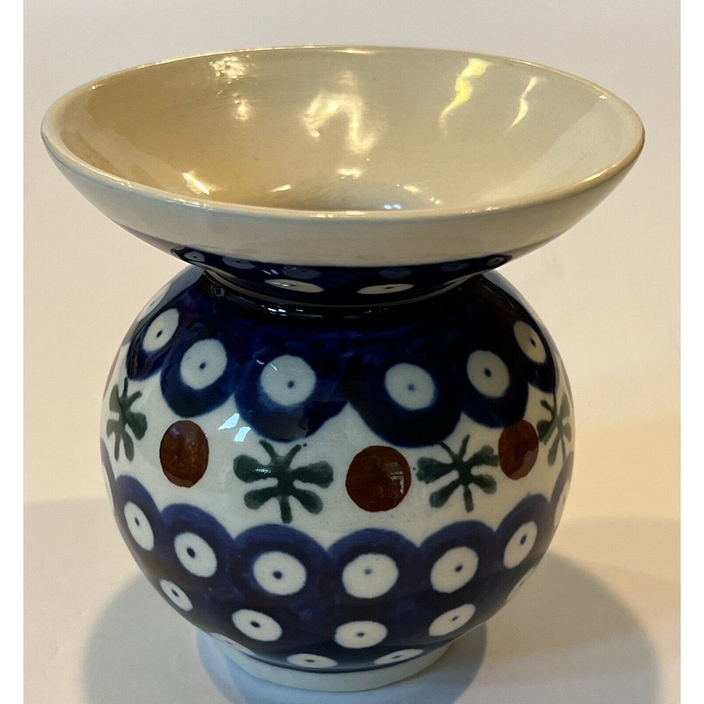 Boleslawiec Hand Made Polish Pottery Vase Blue Flared Rim Peacock Mosquito