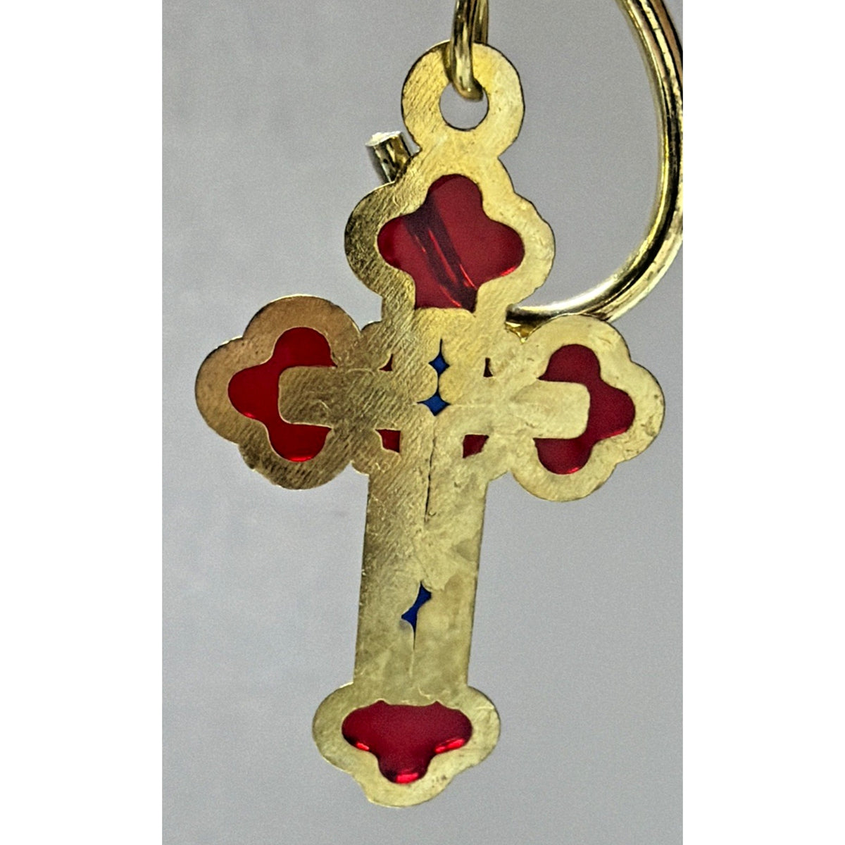 Vtg Holovaik Religious Orthodox Enamel Cross Chain Pendant Gold Tone Red Black