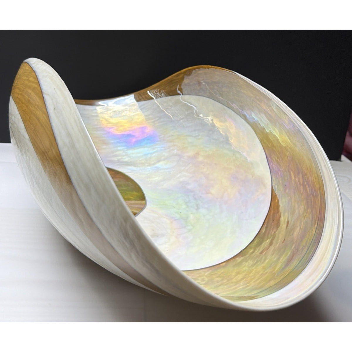 Yalo Murano Vetro Art Glass Bowl Folded Iridescent Ivory Gold Swirl 21"