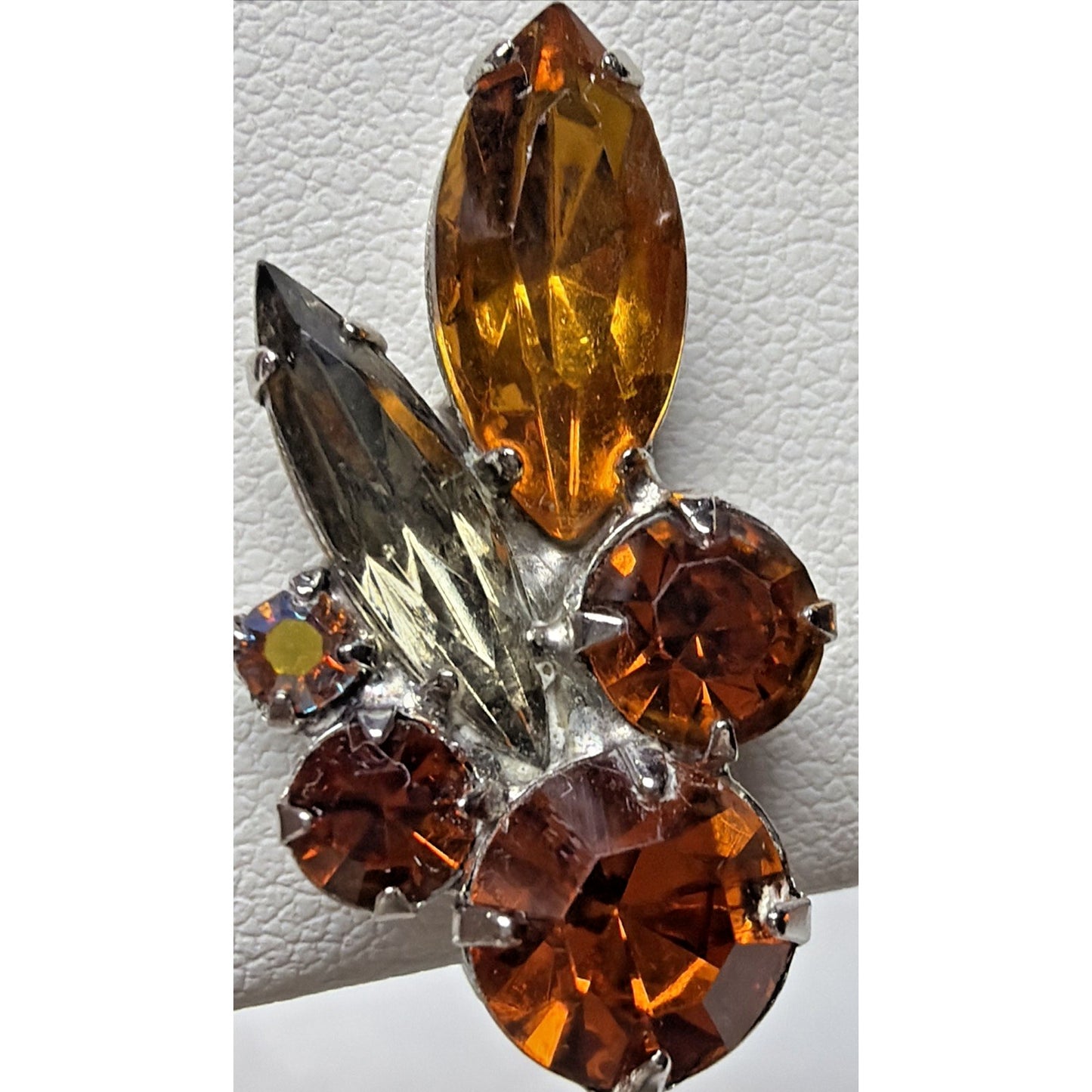 Juliana Smoke Gray Aurora Borealis Amber Topaz Rhinestone Spray Clip Earrings