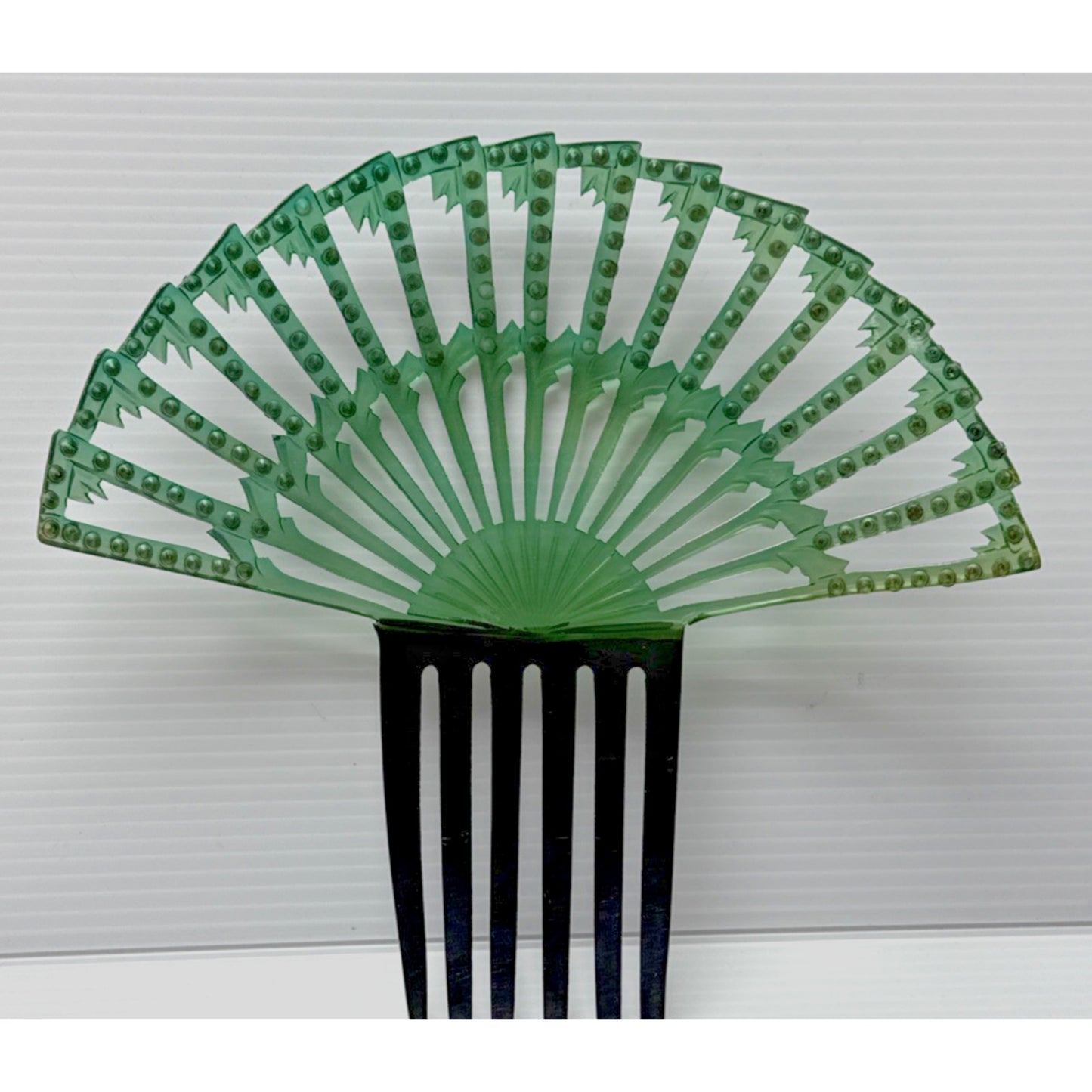 Art Deco Large Fan Shape Hair Comb Green Black Celluloid Rhinestone As-Is