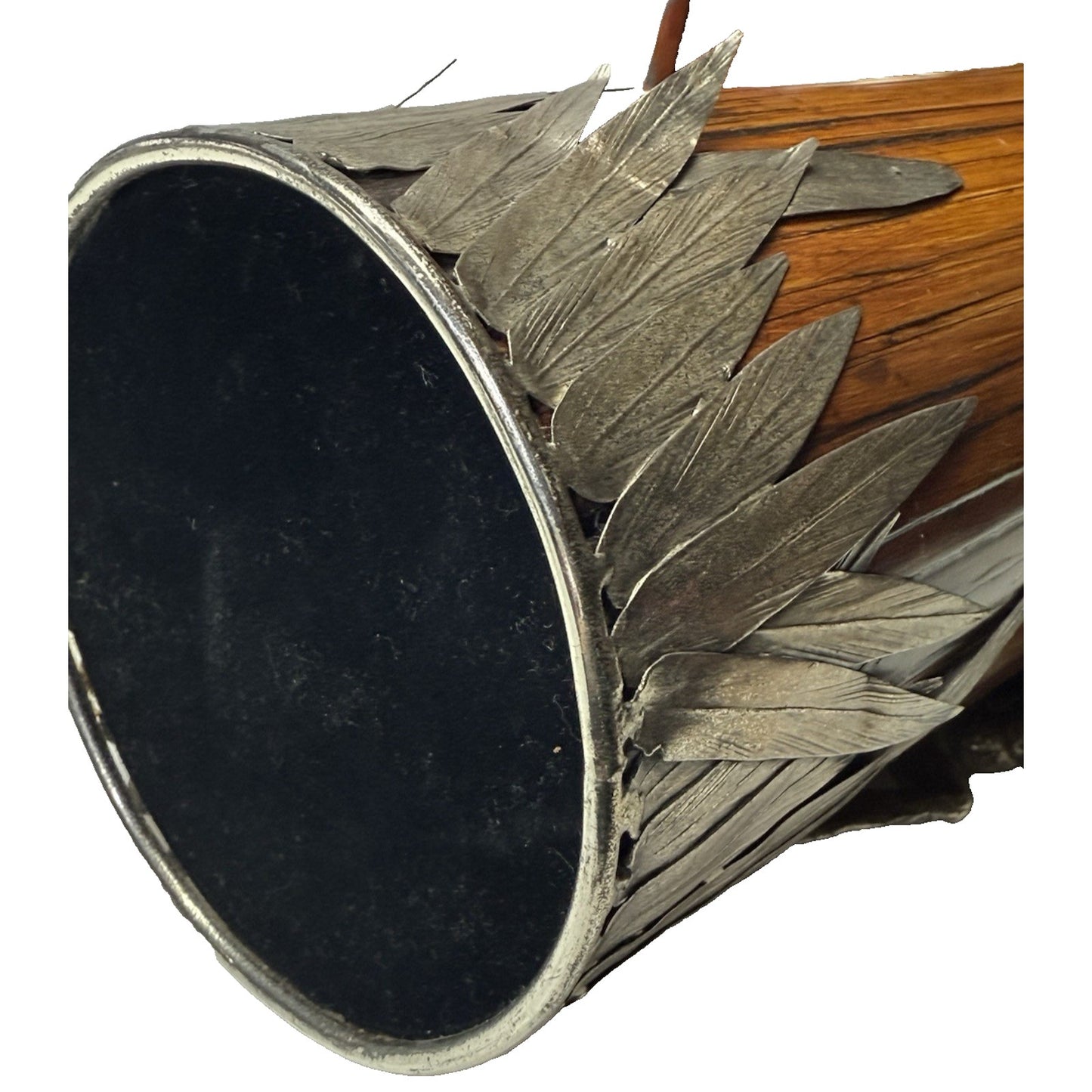 Old Japanese Bamboo Wood Vase Silvered Frog Grass Enameled Butterfly Large Read