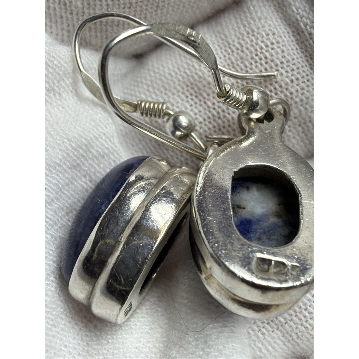 Vintage Sterling Silver Oval Sodalite Cabochon Dangle Drop Earrings Hook 6.13g