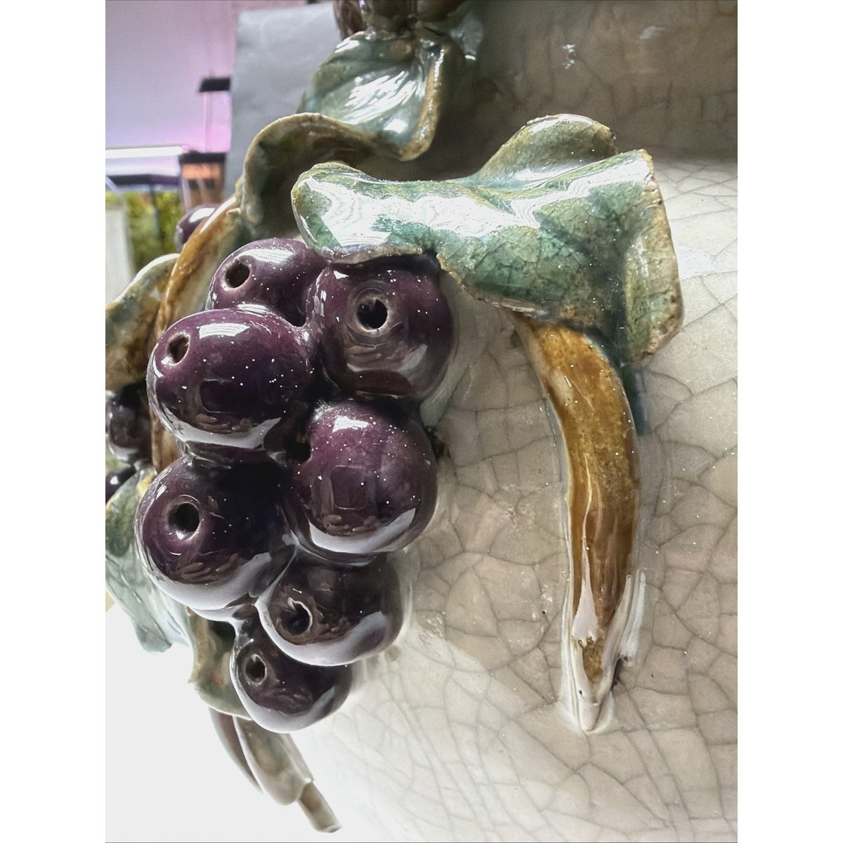Old Majolica Pottery Chinese Crackle Glaze Rope Grapes Berries Leaves Vine As Is