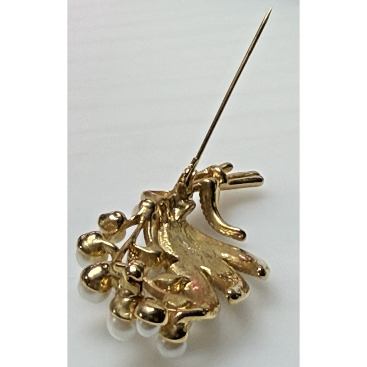 Vintage Gold Tone Faux Pearl Floral Flower Bouquet Textured Leaves Brooch Pin