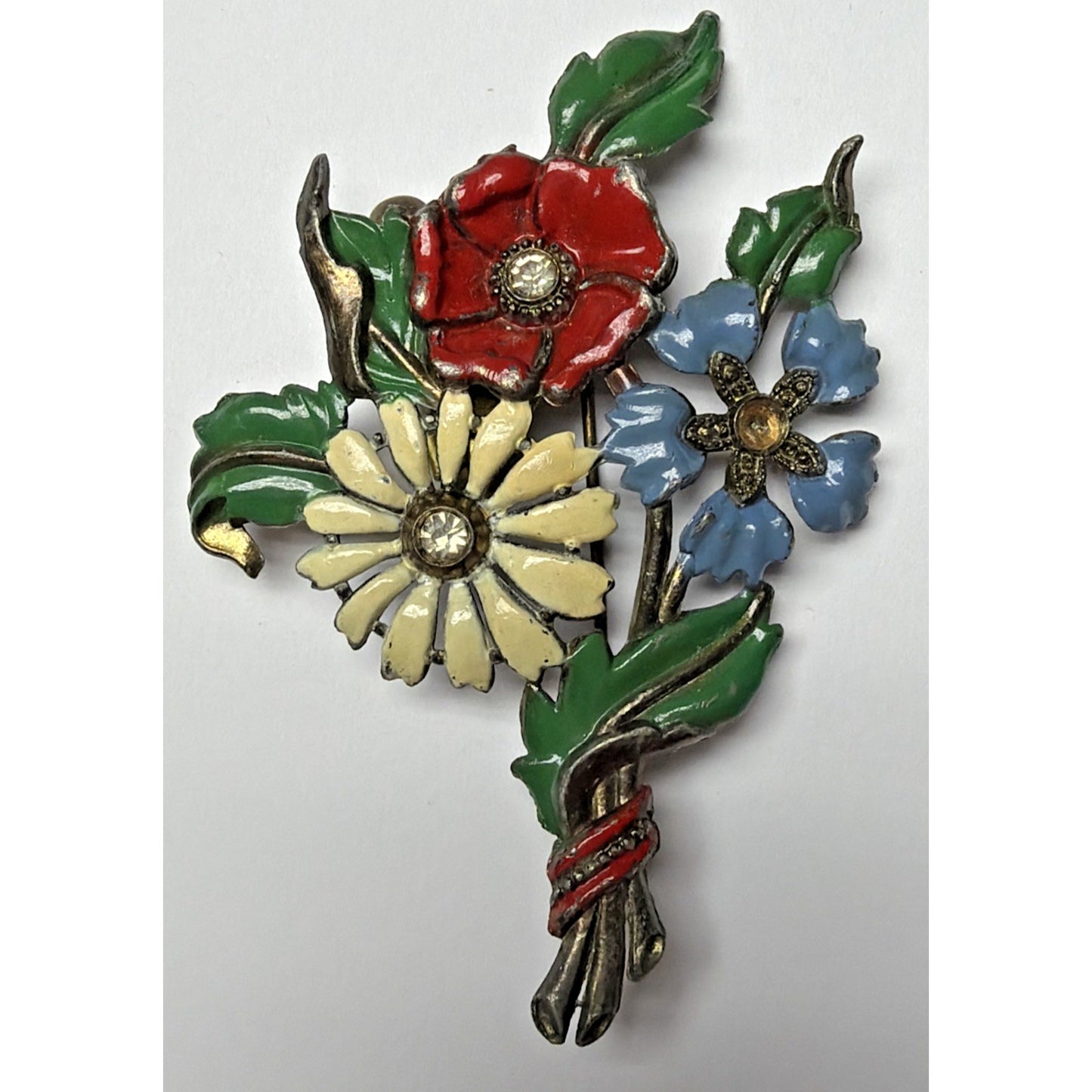 Art Deco Enamel Flower Brooch Bouquet Brass Vial Rhinestone Pot Metal As Is