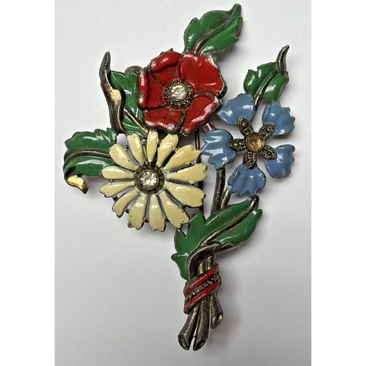 Art Deco Enamel Flower Brooch Bouquet Brass Vial Rhinestone Pot Metal As Is