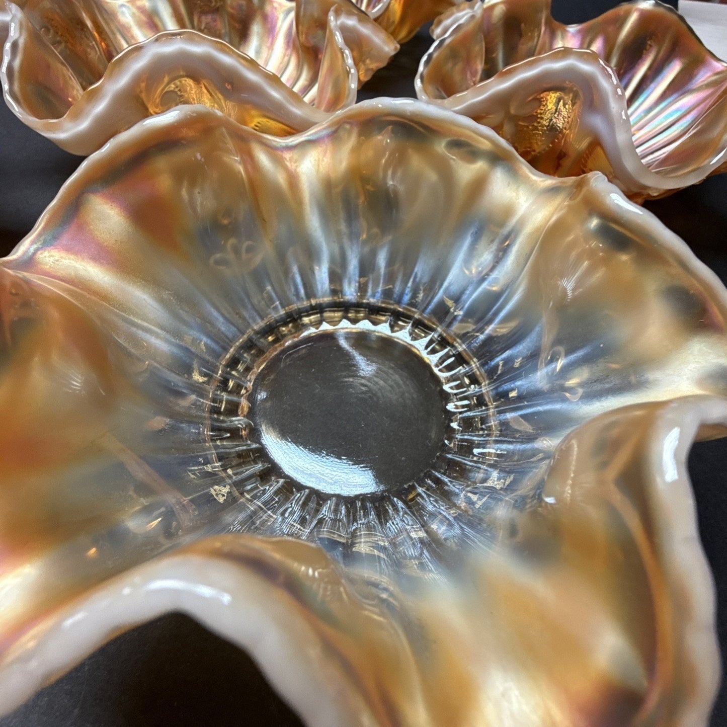 Lot of 7 Dugan Glass Peach Opal Carnival Ray Jewel Heart Master Berry Bowl As-Is