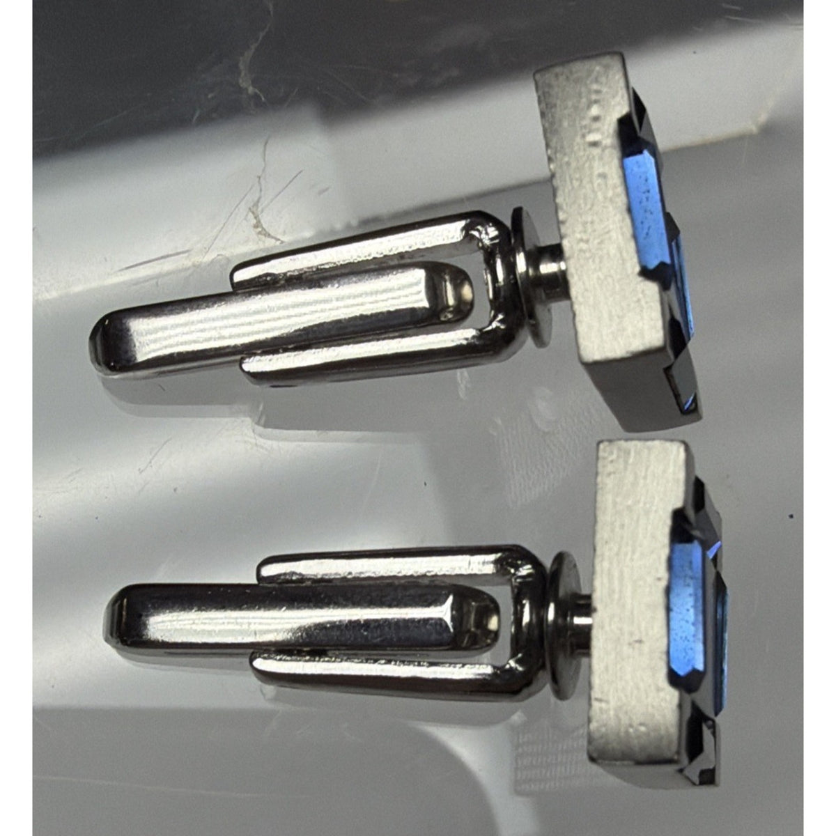 Vintage Hickok Blue Baguette Glass Cufflinks Silver Tone Geometric Modernist Box