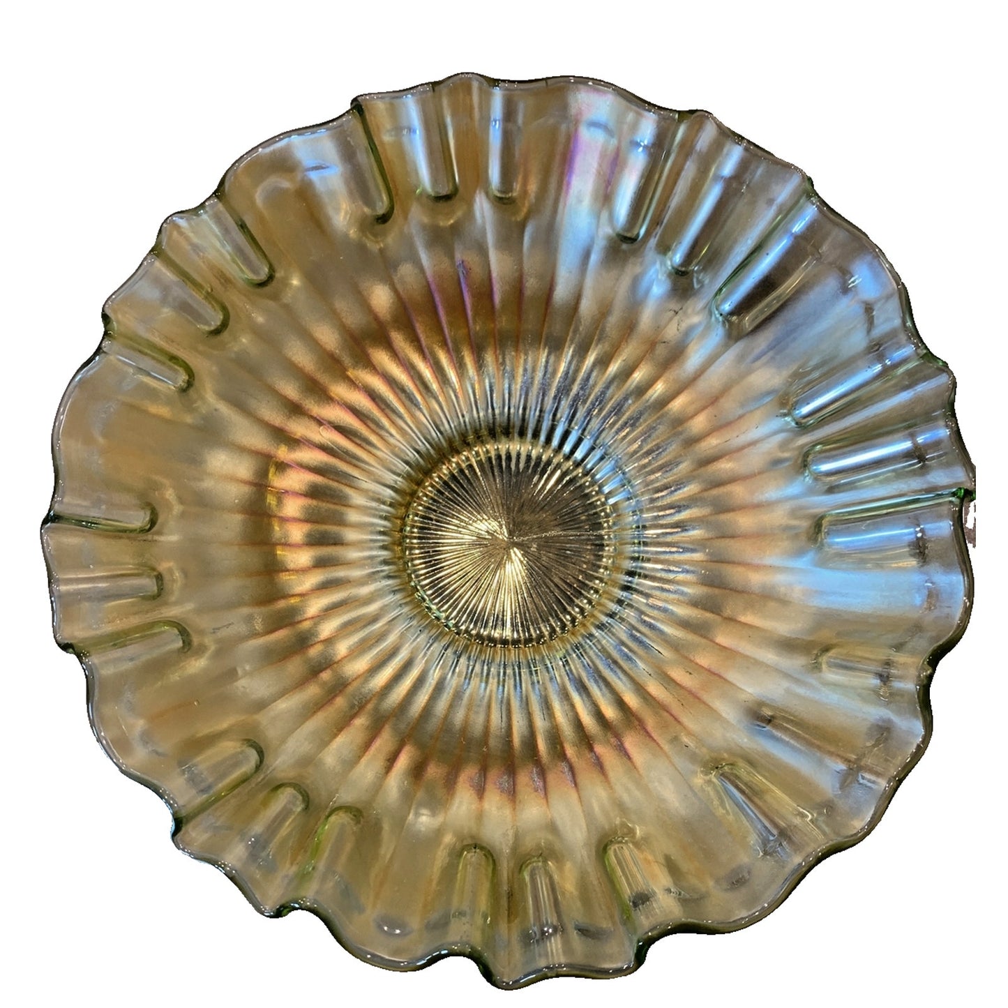 Vintage Fenton Green Carnival Glass Stippled Rays Ruffled Crimped Bowl