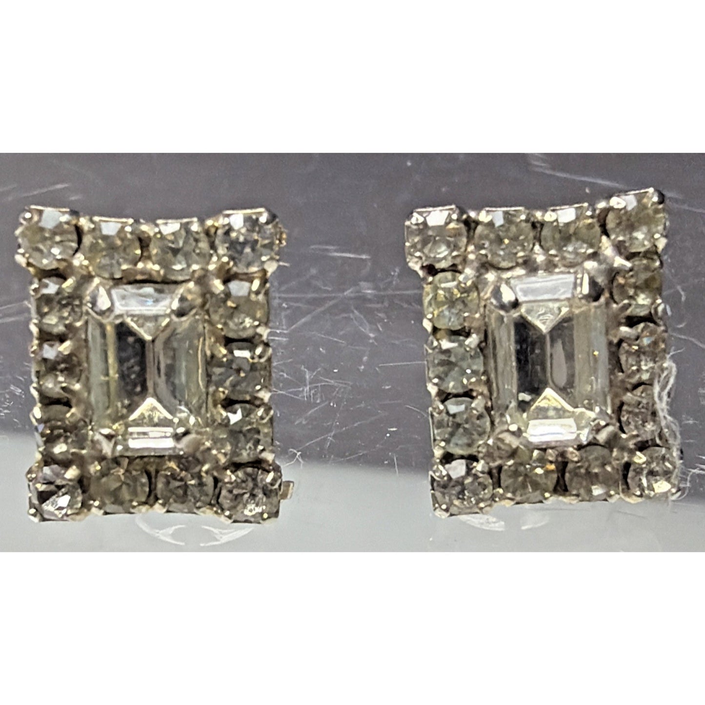 Vintage Emerald Cut Baguette Rhinestone Halo Cluster Pierced Earrings Prong Stud