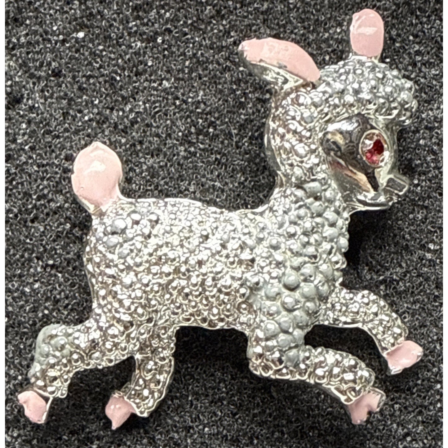 Vtg Silver Tone Little Lamb Brooch Pink Painted Feet Red Rhinestone Eyes As-Is
