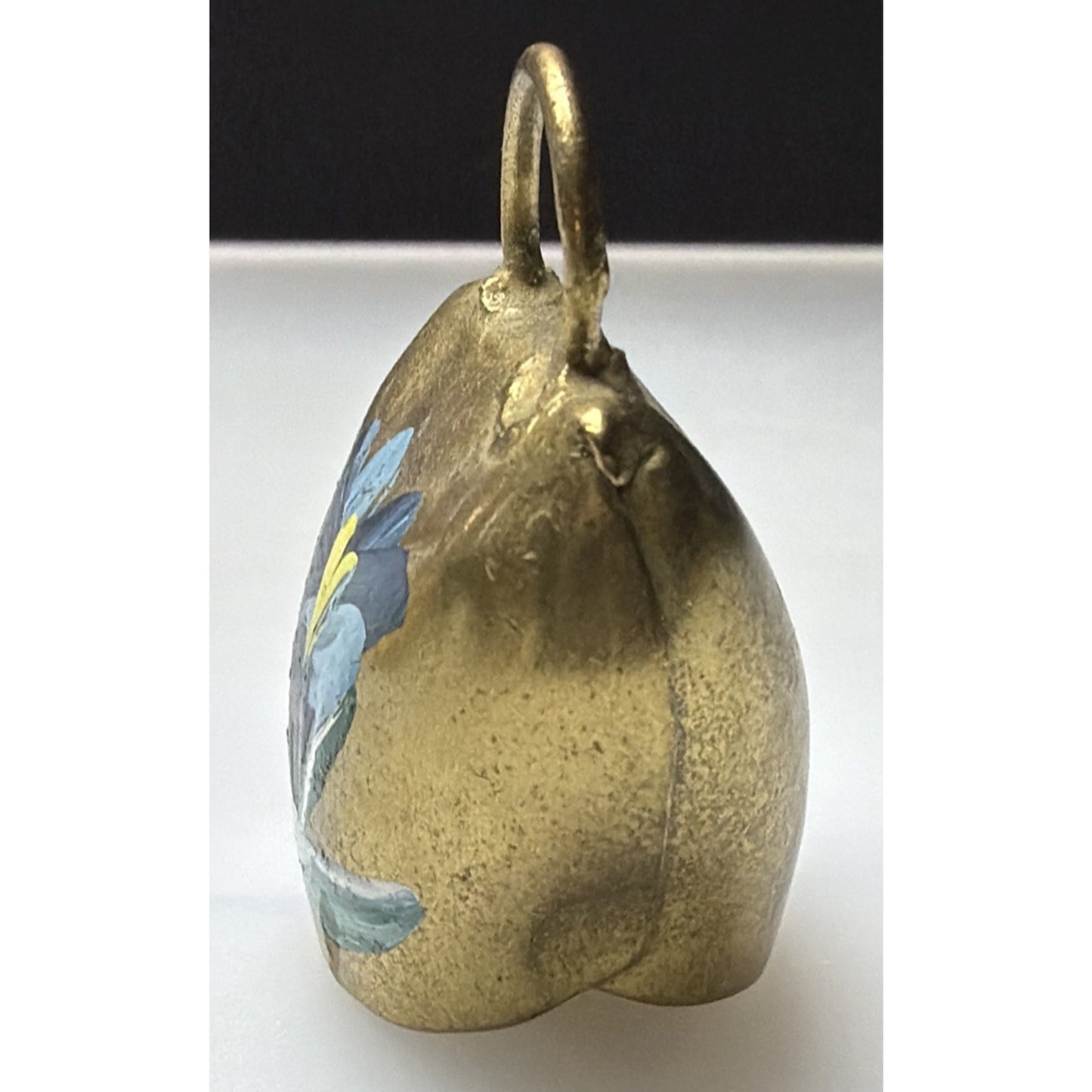 Vintage Gold Metal Brass Cow Bell Hand Painted Flower Blue Floral Liechtenstein