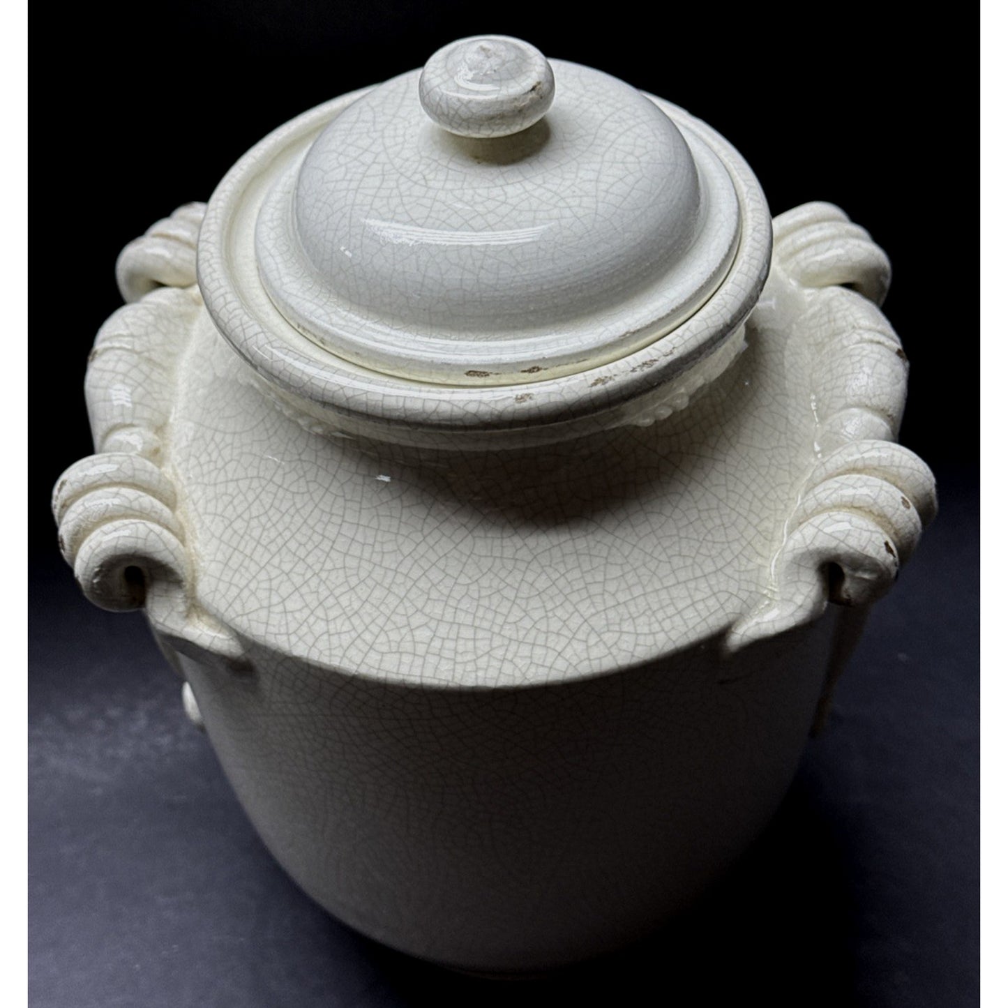 Vintage Leona Lavorato A Mano Italy Crackle Glaze Cream Canister Jar 9.25" As-Is