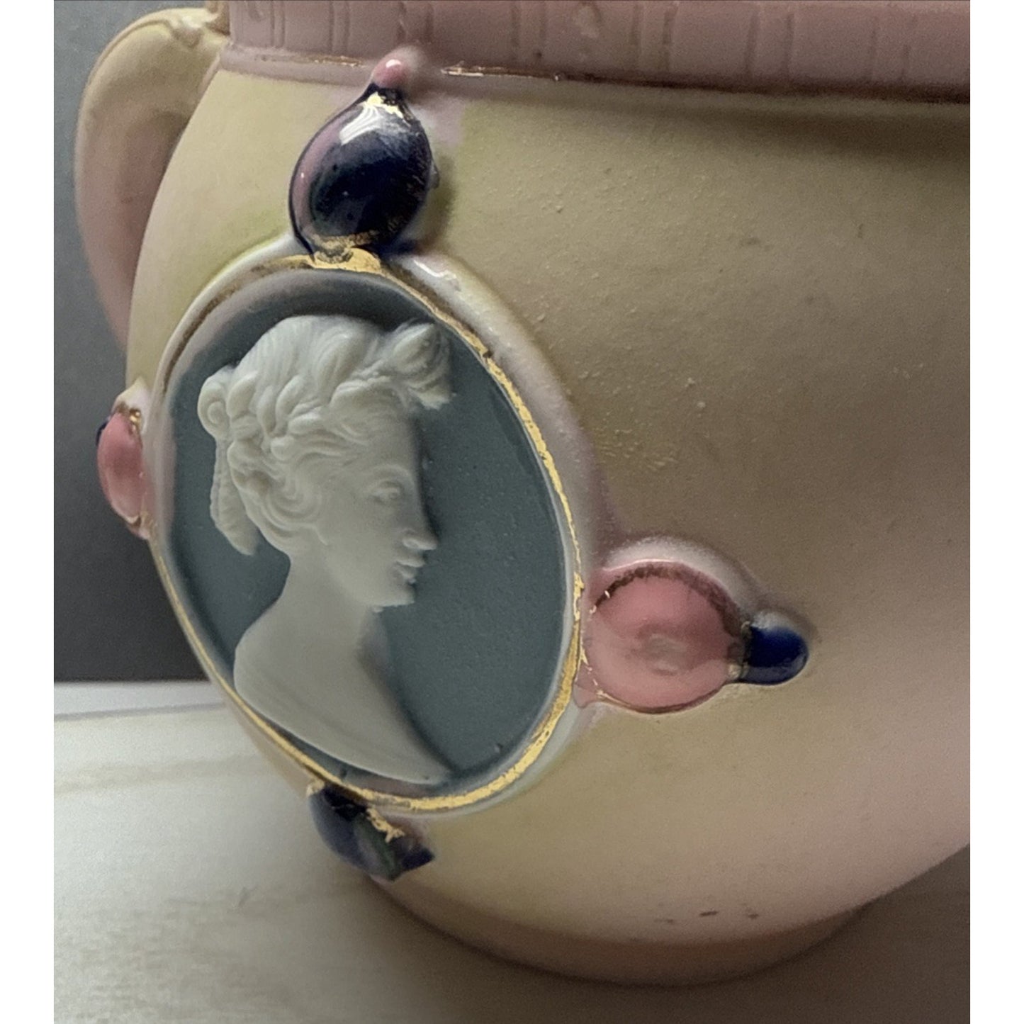 Antique Schafer Vater Bisque Porcelain Pink Jeweled Cameo Pitcher Creamer As Is