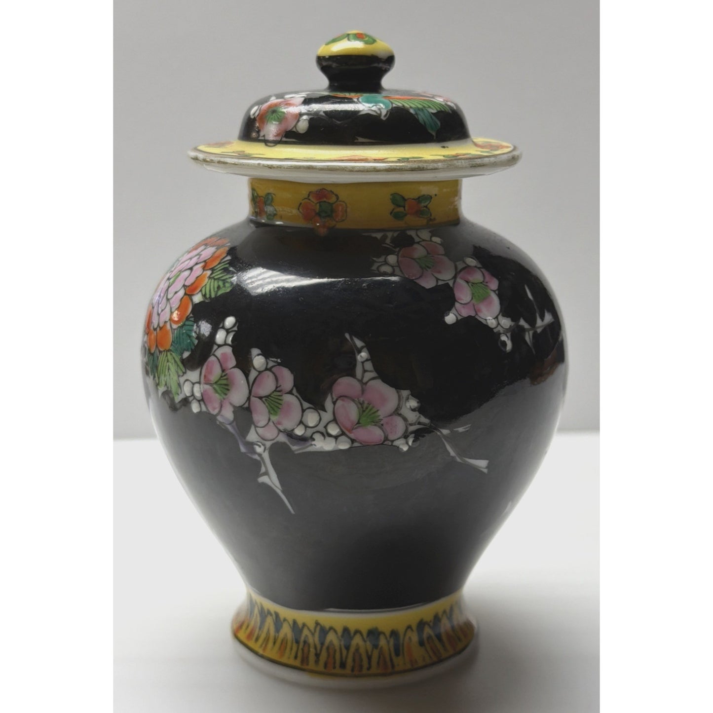 Vintage Japanese Hand Painted Black Porcelain Phoenix Ginger Jar Urn Lid Floral