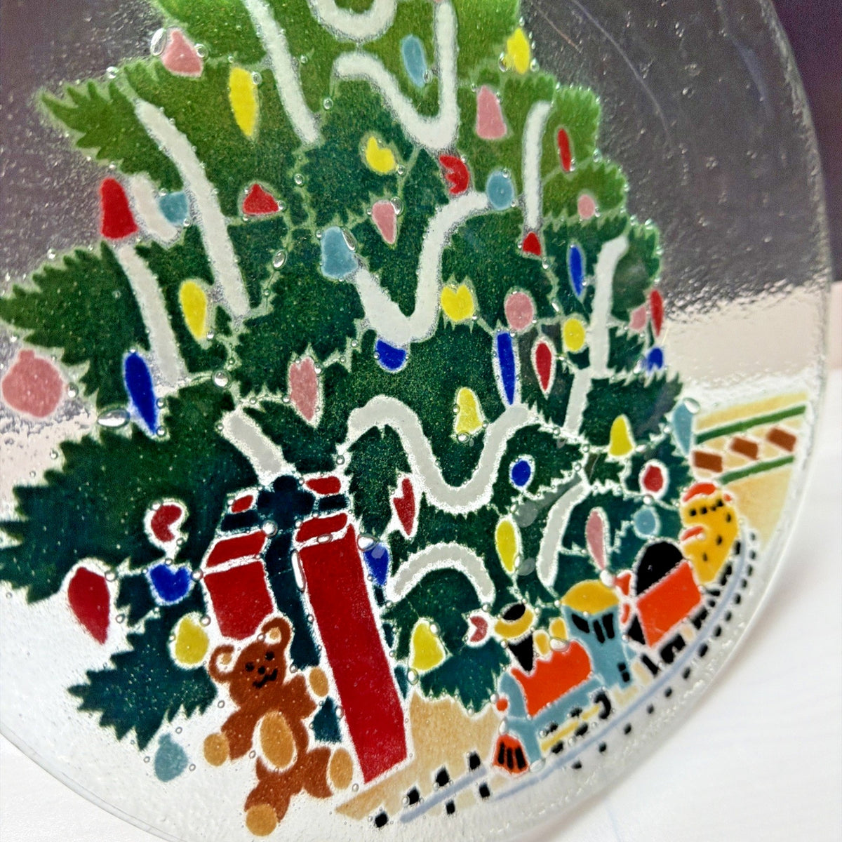 Vintage Peggy Karr Fused Glass Christmas Tree Toy Train Platter Teddy Bear