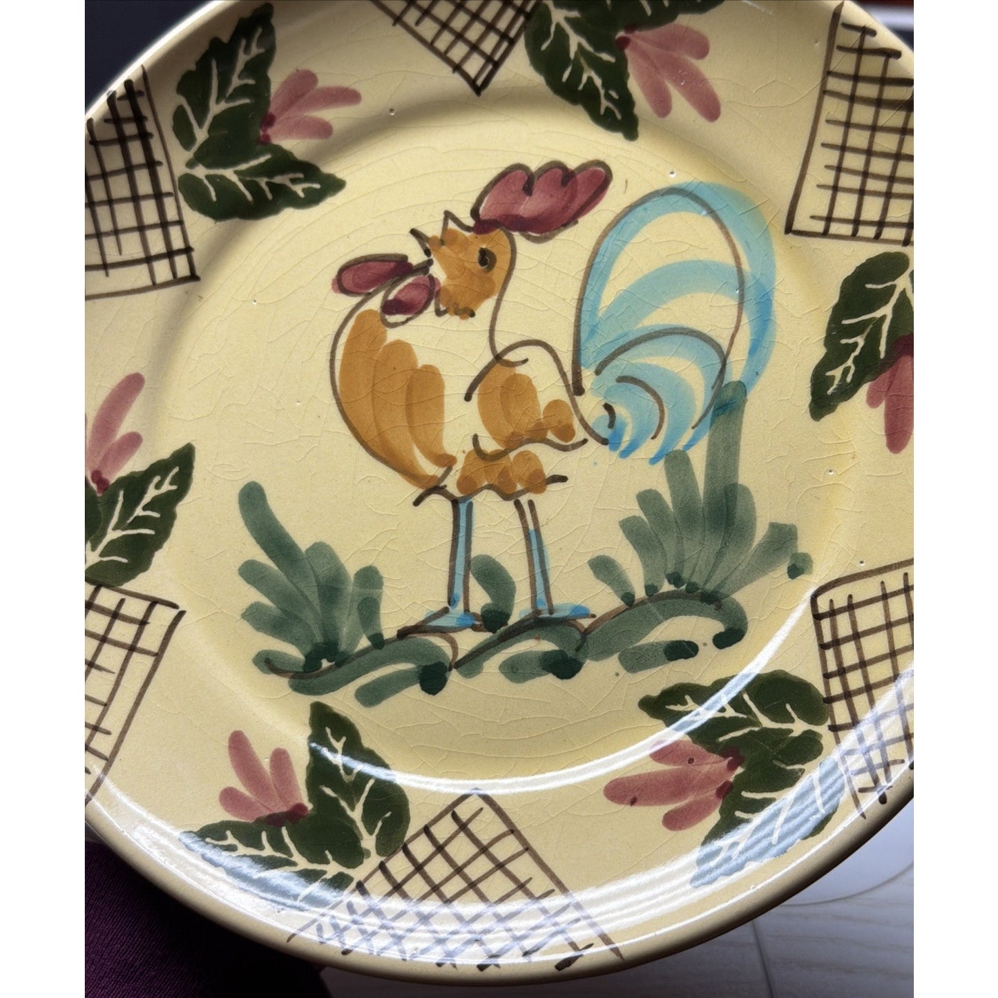 Vtg Lamas Pottery Italy Ceramic Rooster Hen Plate Floral Grid Design Farmhouse