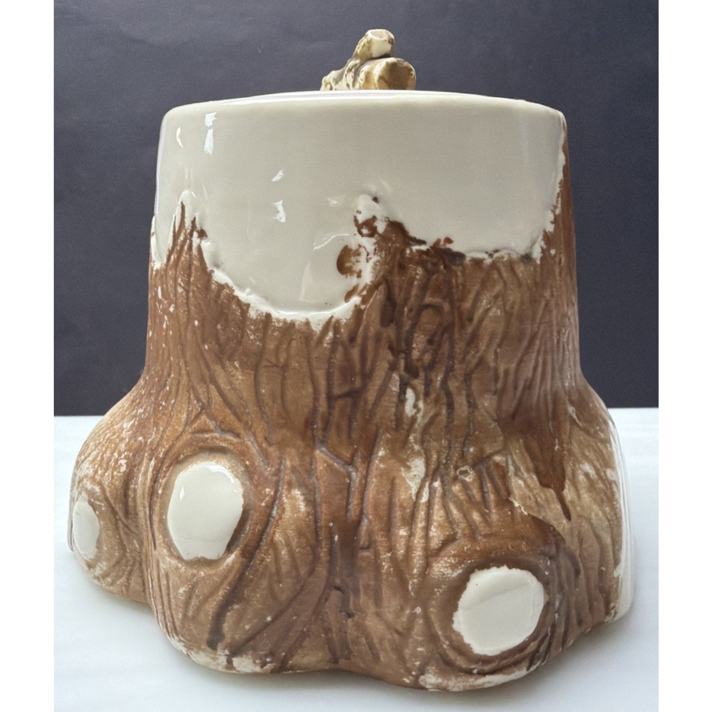Majolica Style Ceramic Porcelain Tree Trunk Cookie Jar Smoking Humidor Twig Log