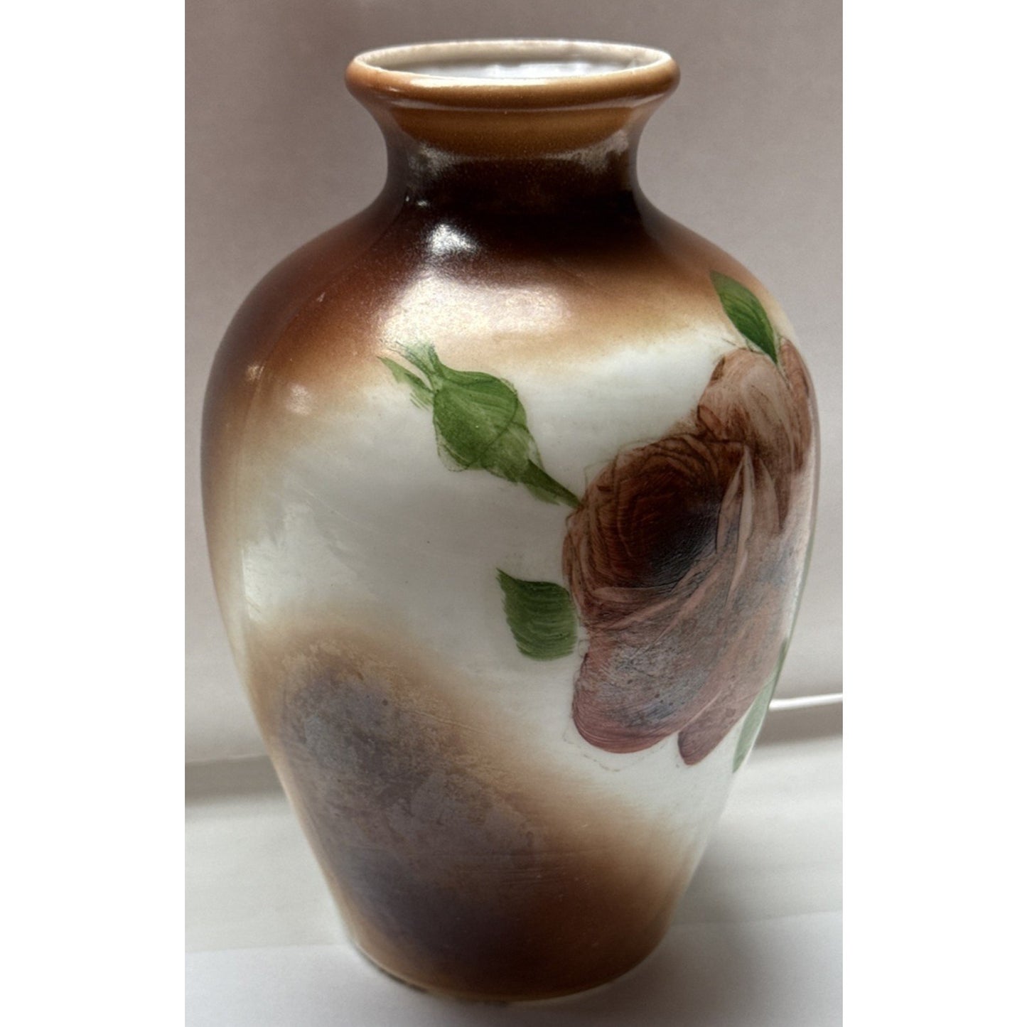 EAPG Victorian Fostoria Opaque Milk Glass Hand Paint Green Rose Bulb Vase As-Is
