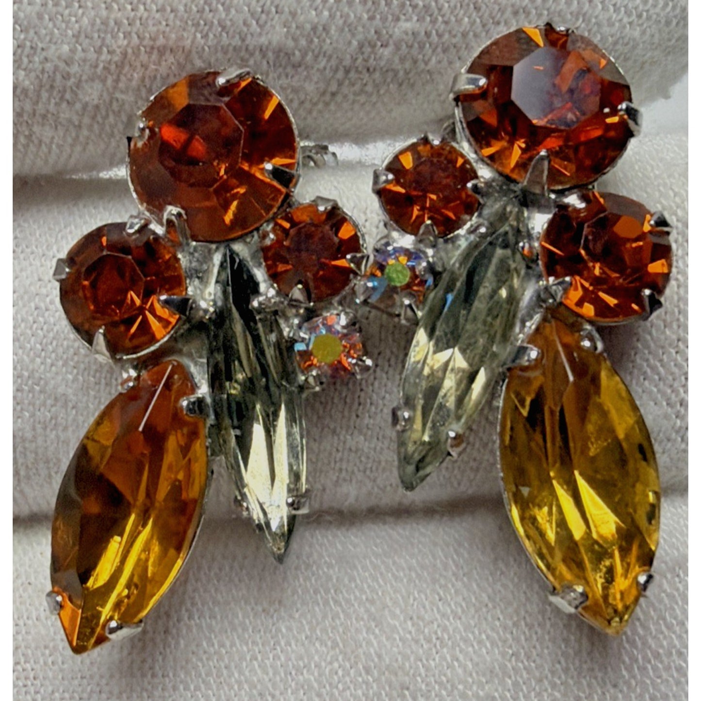 Juliana Smoke Gray Aurora Borealis Amber Topaz Rhinestone Spray Clip Earrings