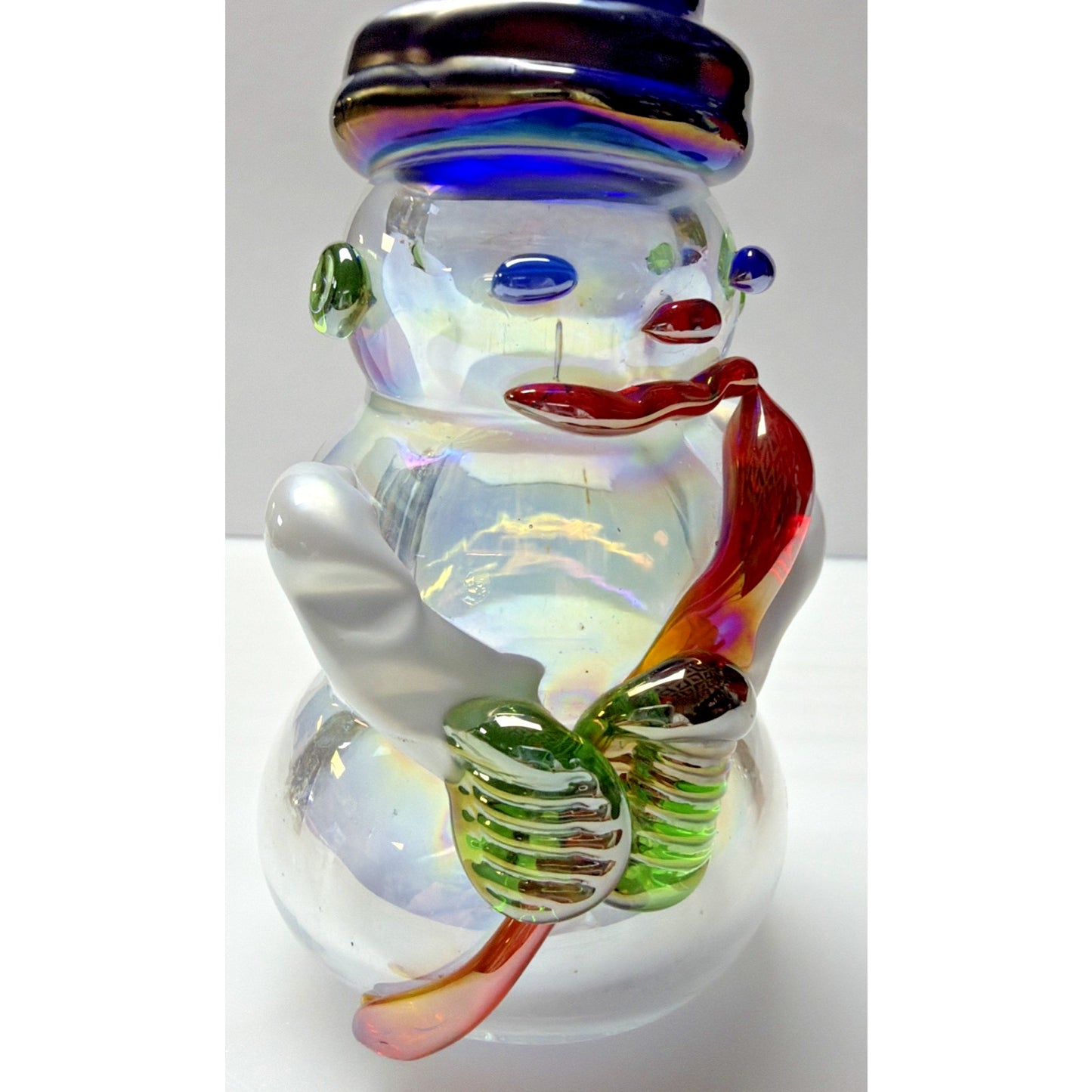 Vintage Art Glass Snowman Iridescent Applied Glass Paperweight Figurine