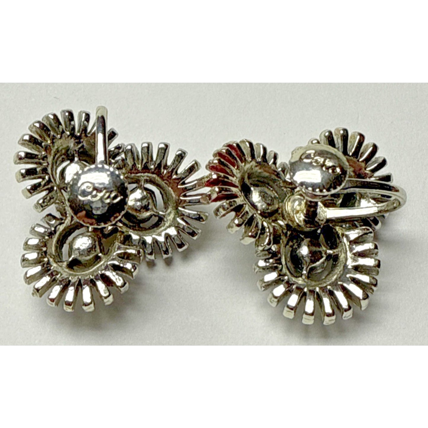 Vtg Coro Earrings Clip On Atomic Sunburst Rhinestone Flower Silver Tone As Is