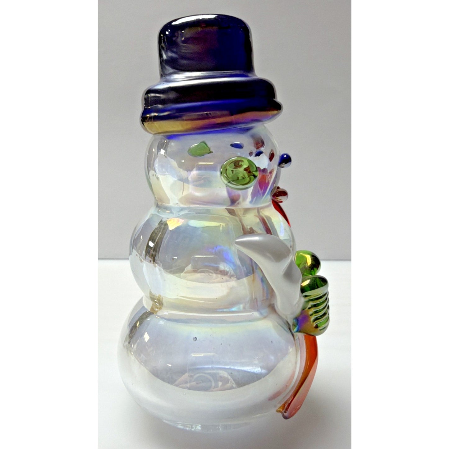 Vintage Art Glass Snowman Iridescent Applied Glass Paperweight Figurine