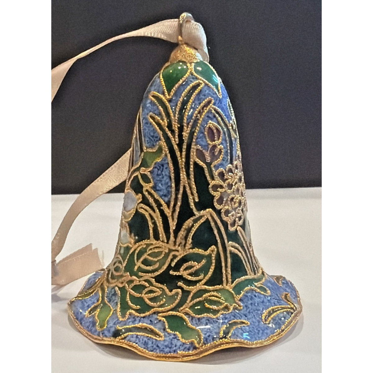 Vintage Enamel Cloisonné Bell Ornament Hummingbird Floral Blue Gold