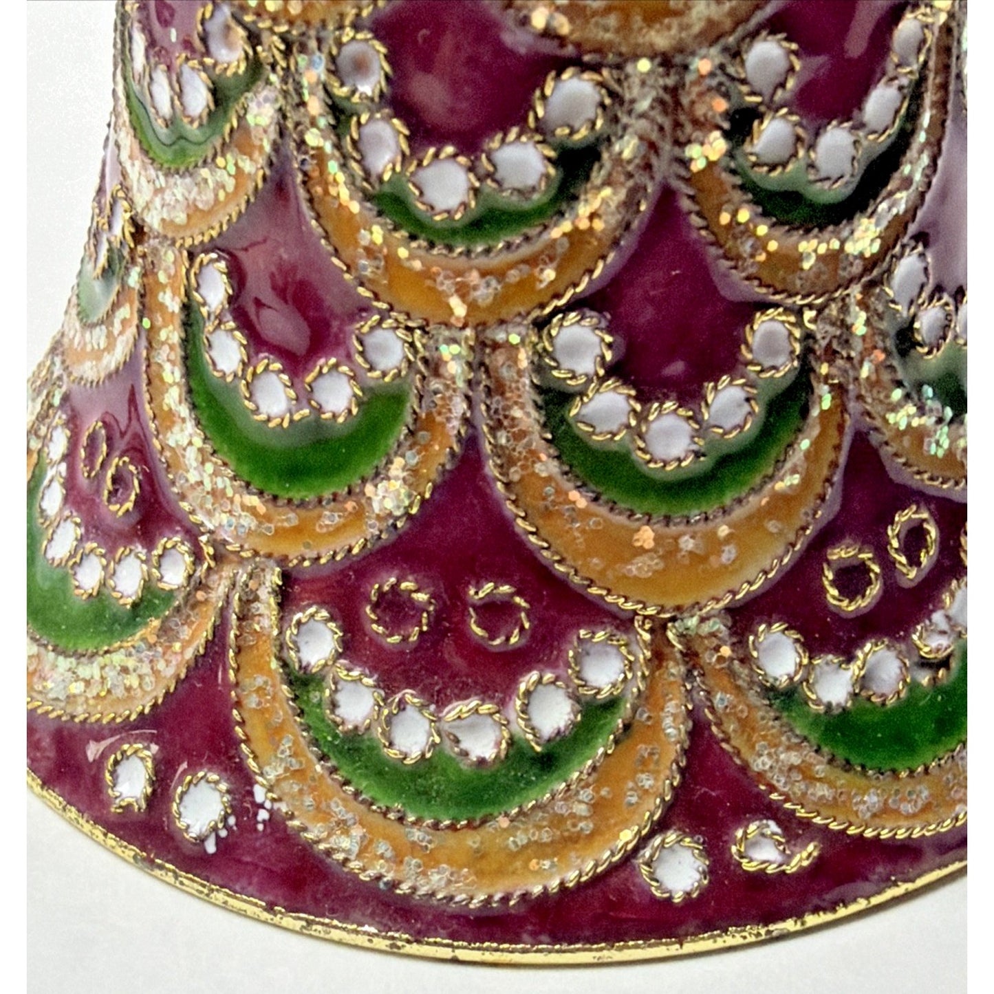 Vtg Enamel Cloisonné Bell Ornament Purple Green Gold Scallop Tree Feather As Is