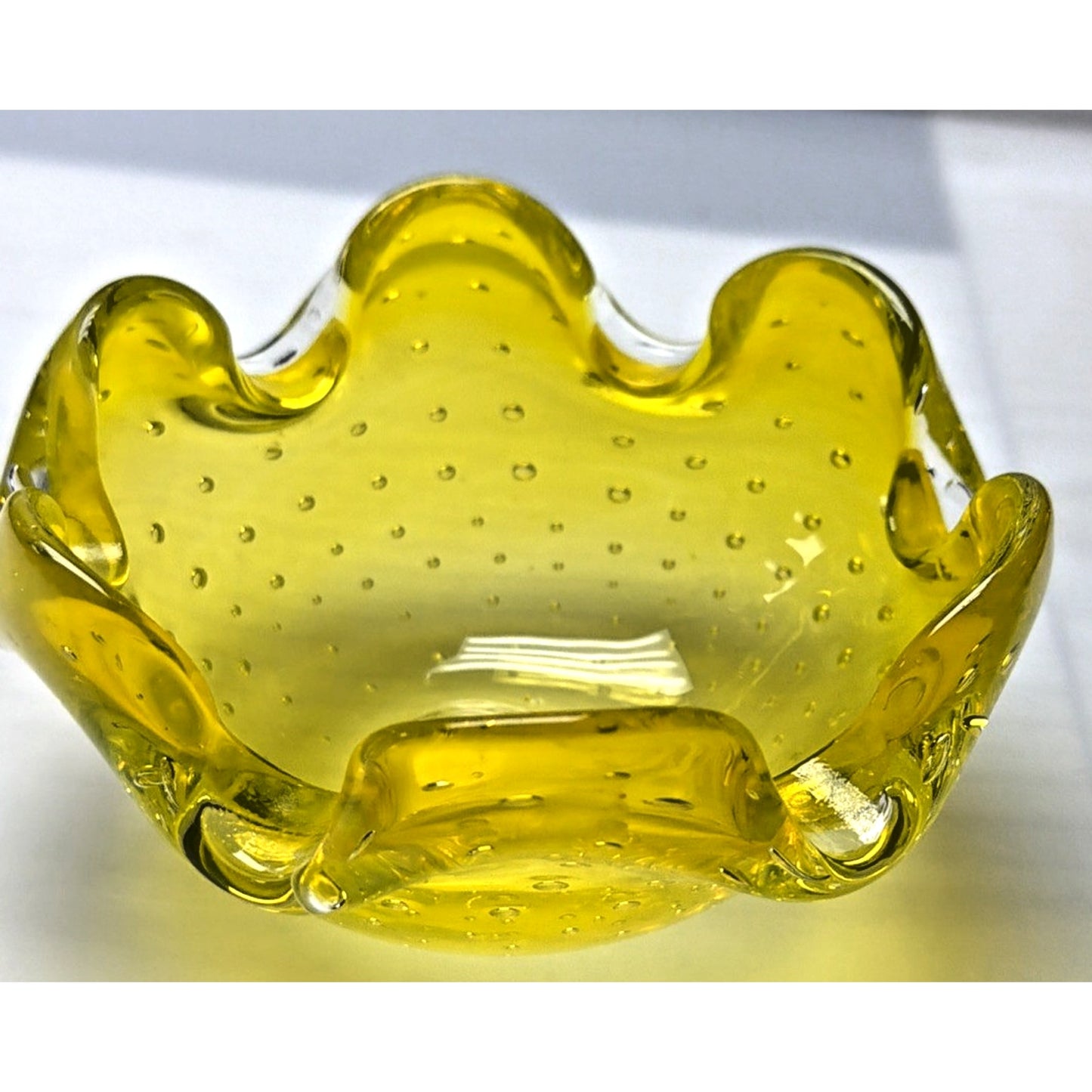 Vtg Kreiss Art Glass Bullicante Canary Yellow Controlled Bubbles Bowl Ashtray