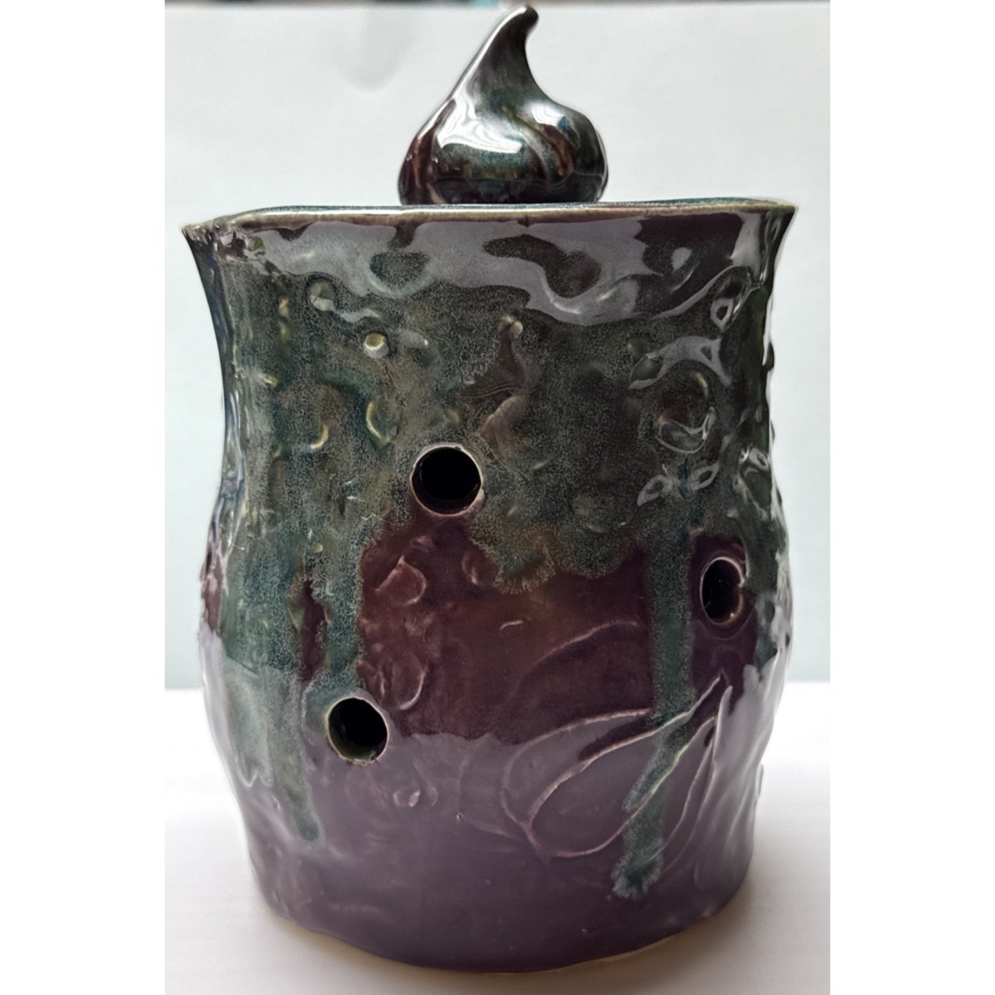 Studio Art Pottery Garlic Keeper Jar Canister Figural Lid Drip Glaze Signed